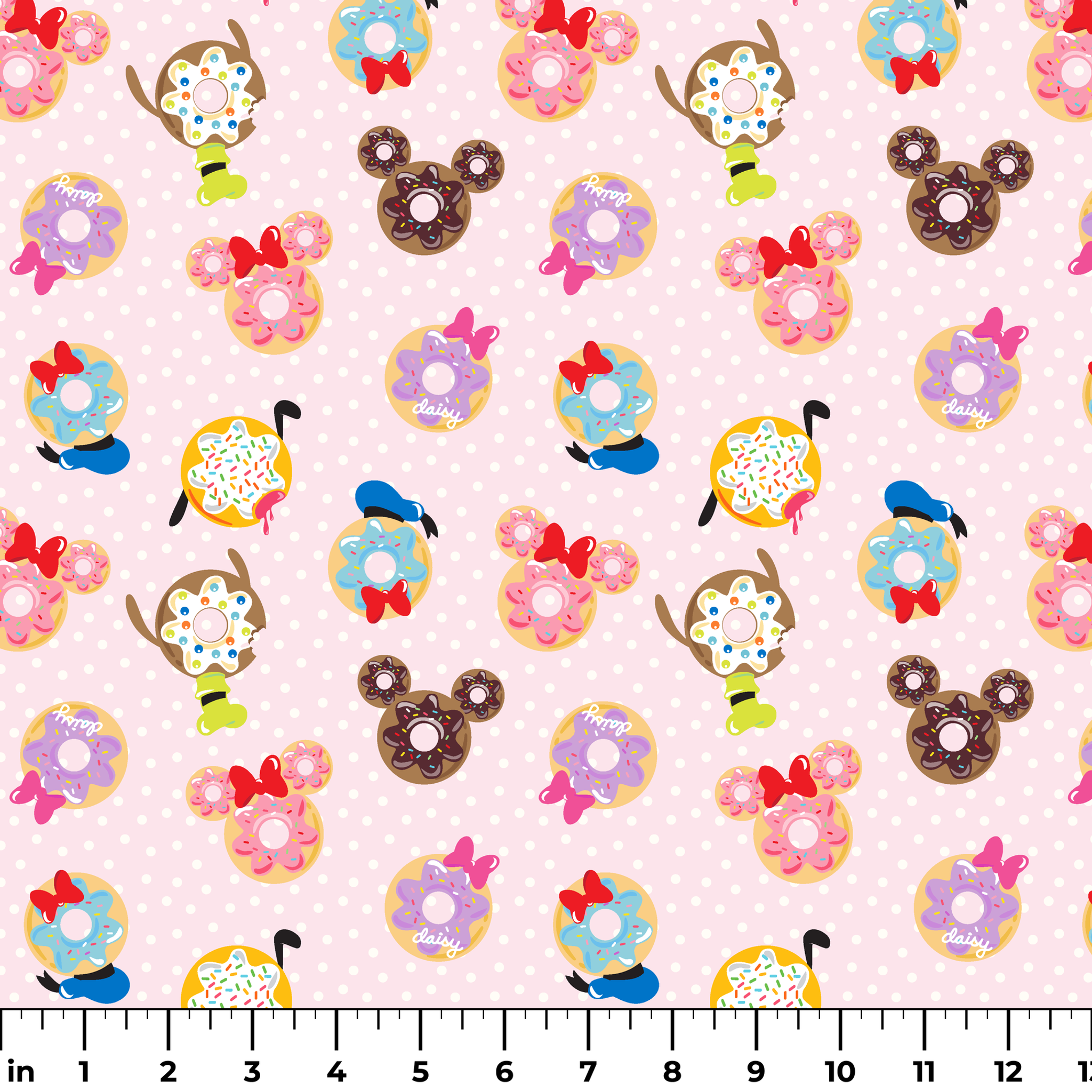 Mickey Mouse & friends donuts in various shapes on a pink polka dot background. ruler
