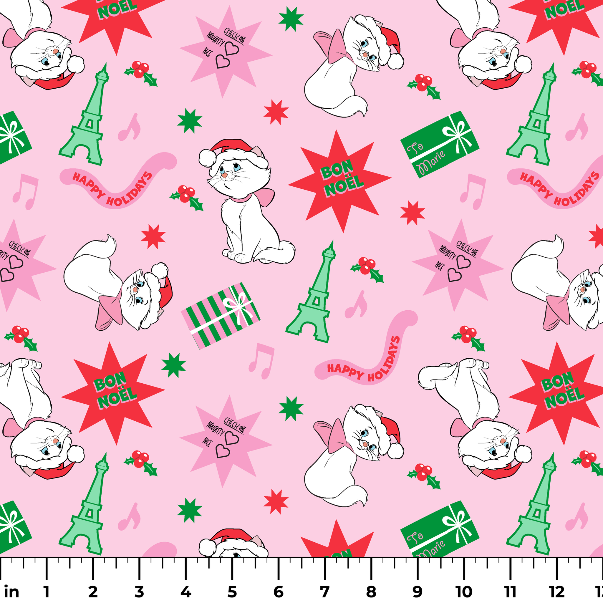 Holiday pattern with Marie from The Aristocats in Santa hats, Eiffel Towers, "Noel" text, and festive stars on pink background ruler