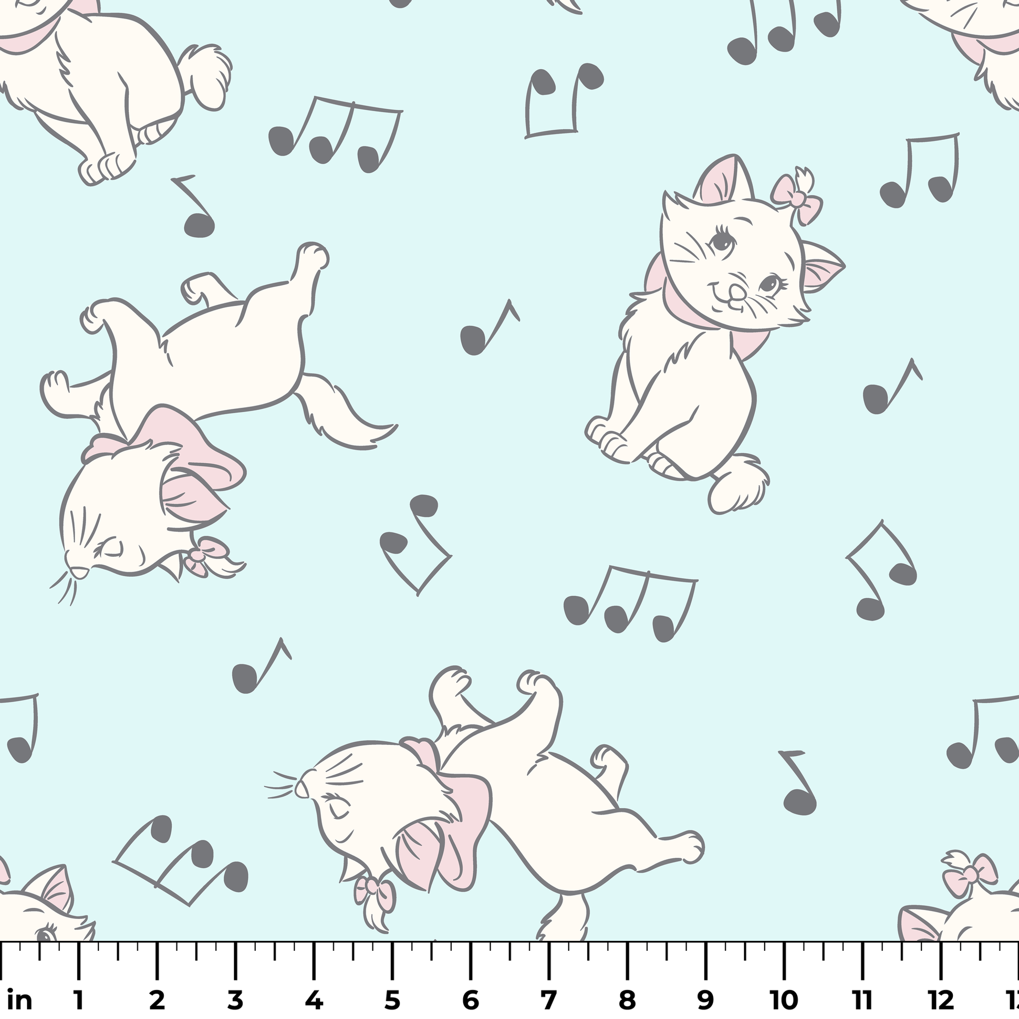 White kittens with pink bows playing among musical notes on a light mint background ruler