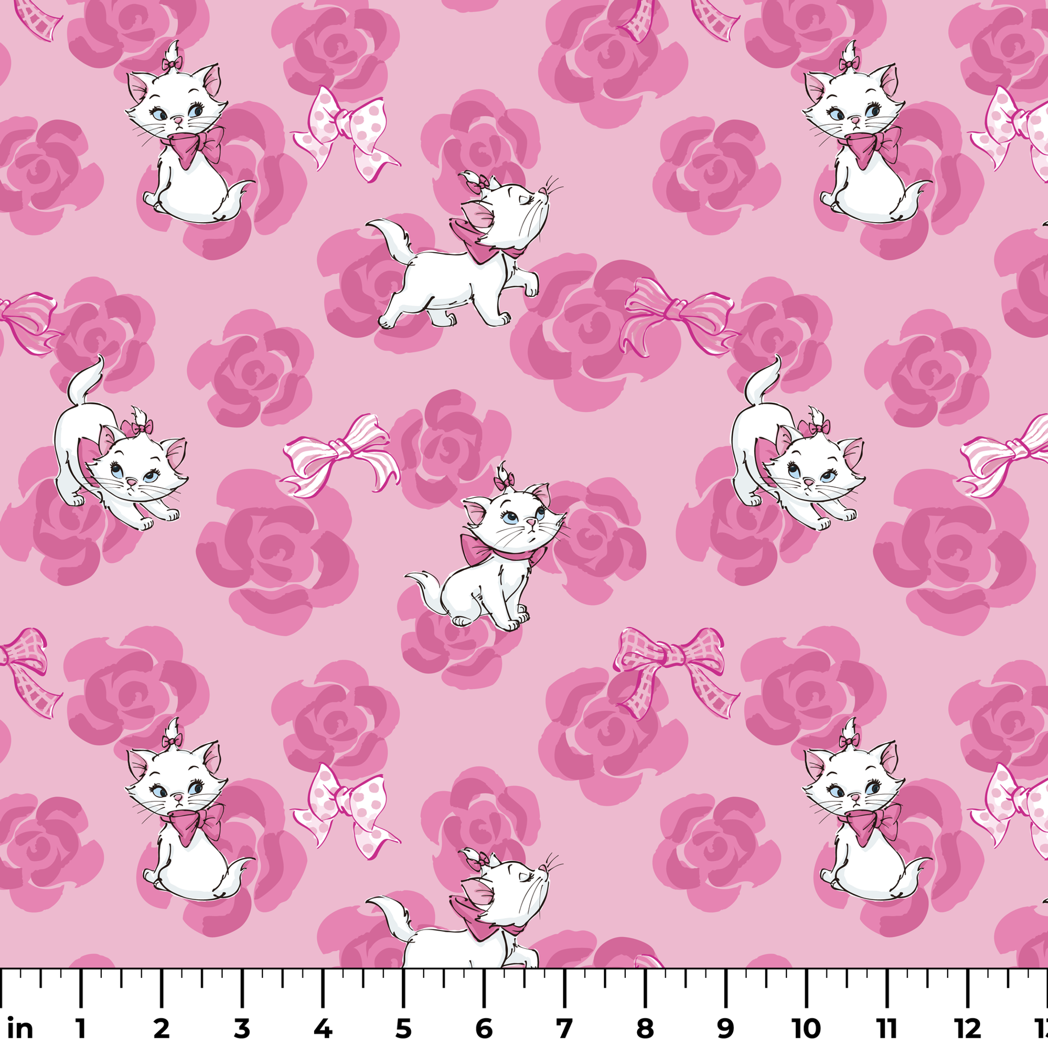 Marie from The Aristocats playing on pink rose pattern background ruler