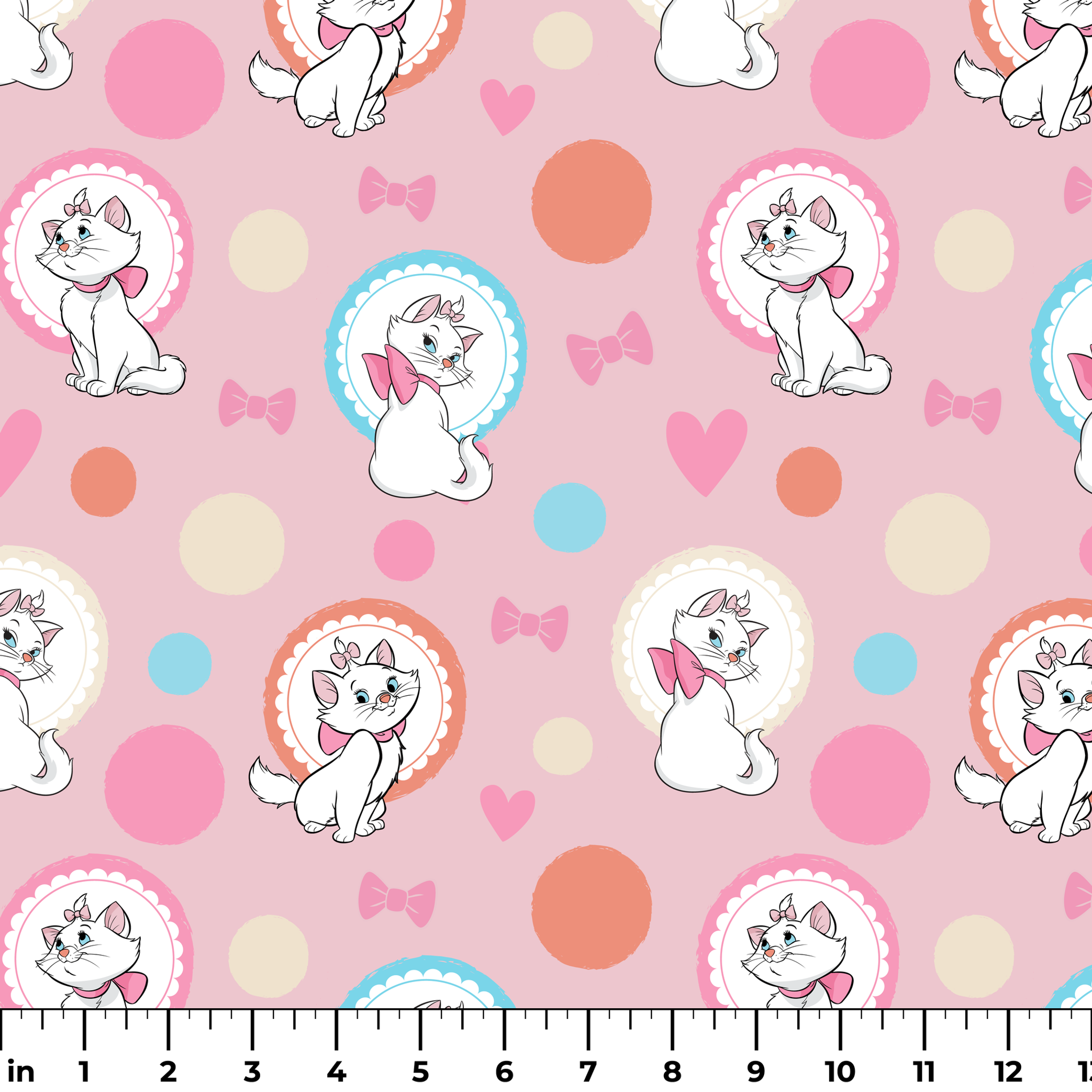 Marie from The Aristocats with pink bows in decorative circular frames on pink polka dot background with bow motifs ruler