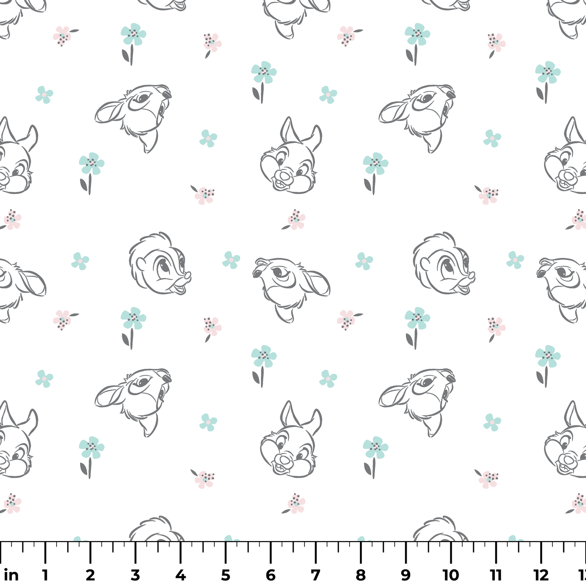 Sketch-style animals from Disney Bambi with pastel flowers on a white background. ruler