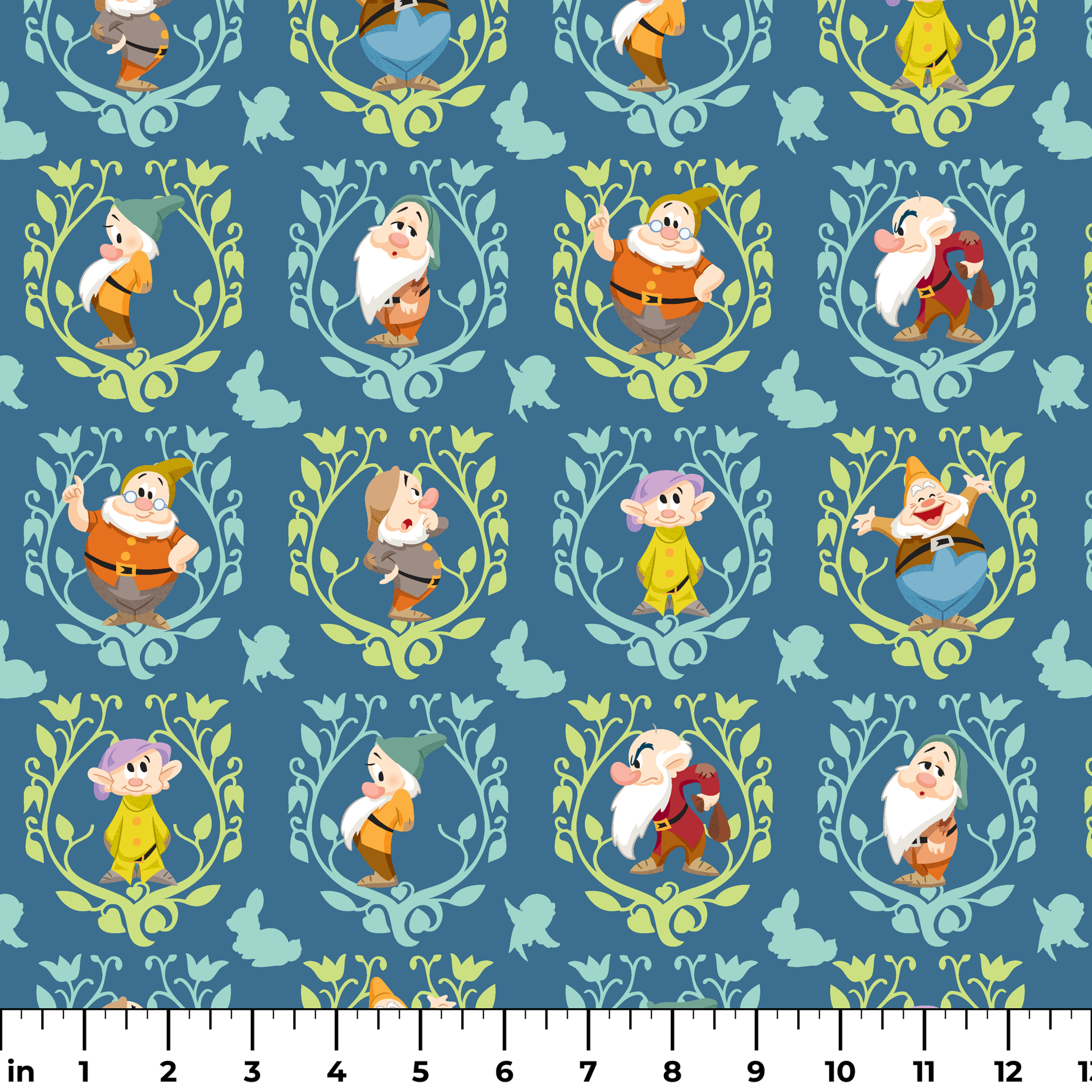 Pattern of cartoon birds in decorative oval frames on blue background with leaf motifs ruler