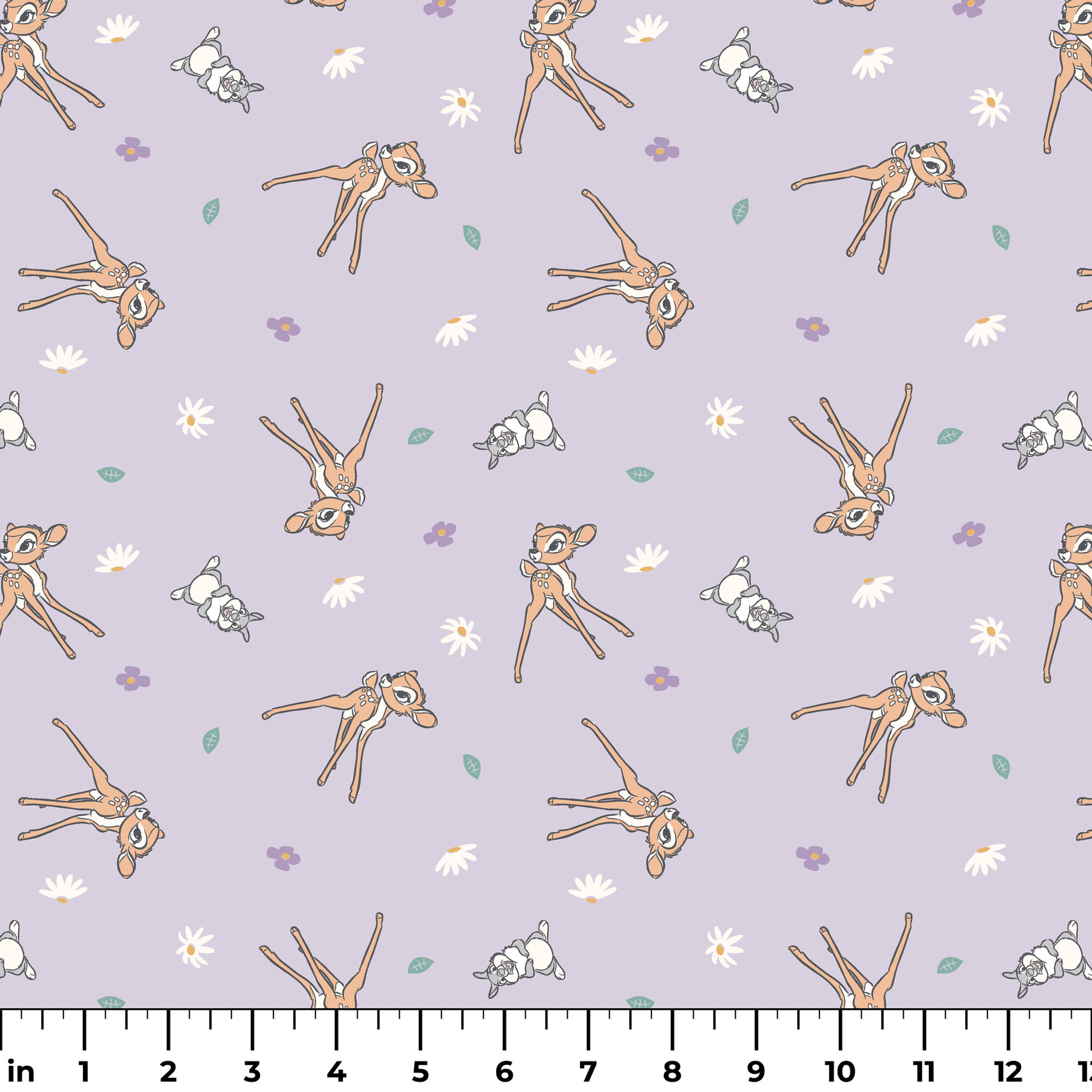 Seamless pattern of cartoon deer and bunnies with daisies and small flowers on lavender background ruler