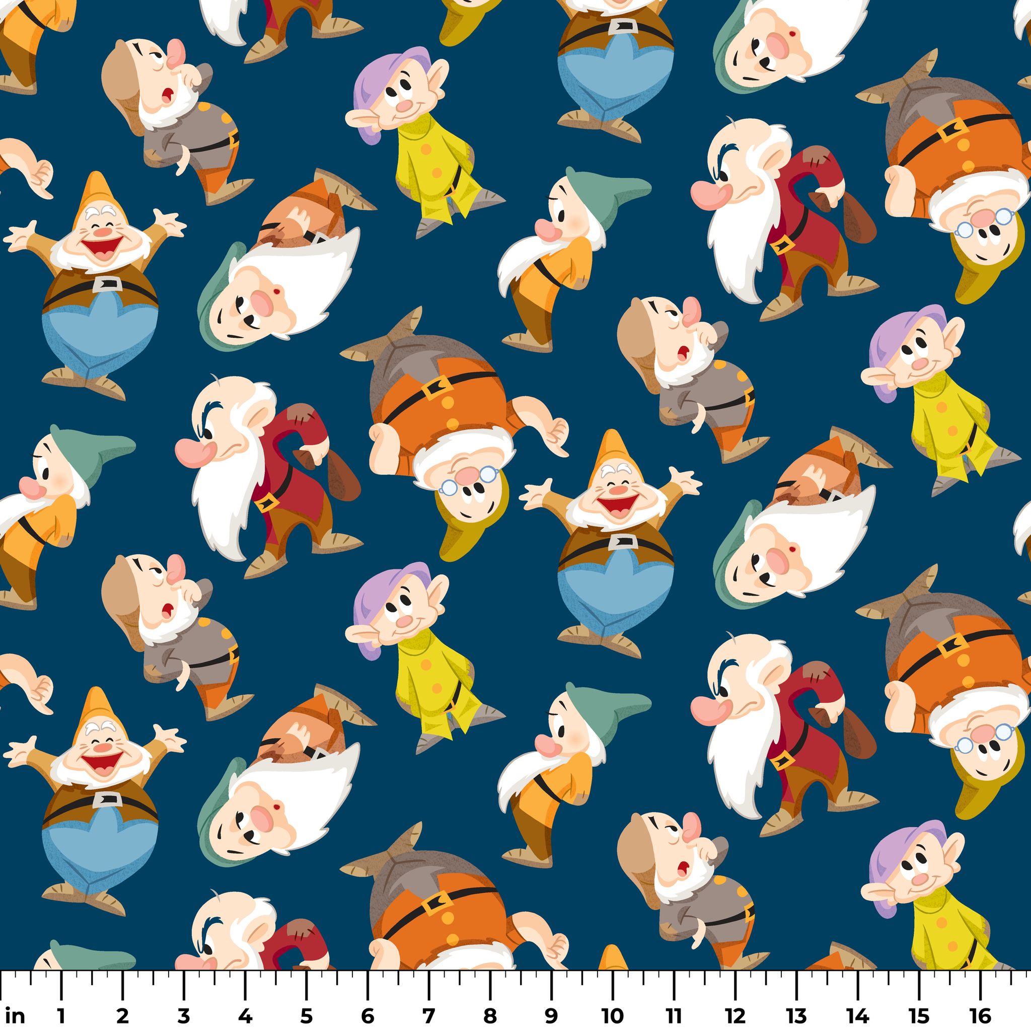 Colorful pattern of cartoon dwarfs in various outfits and poses on a deep blue background ruler