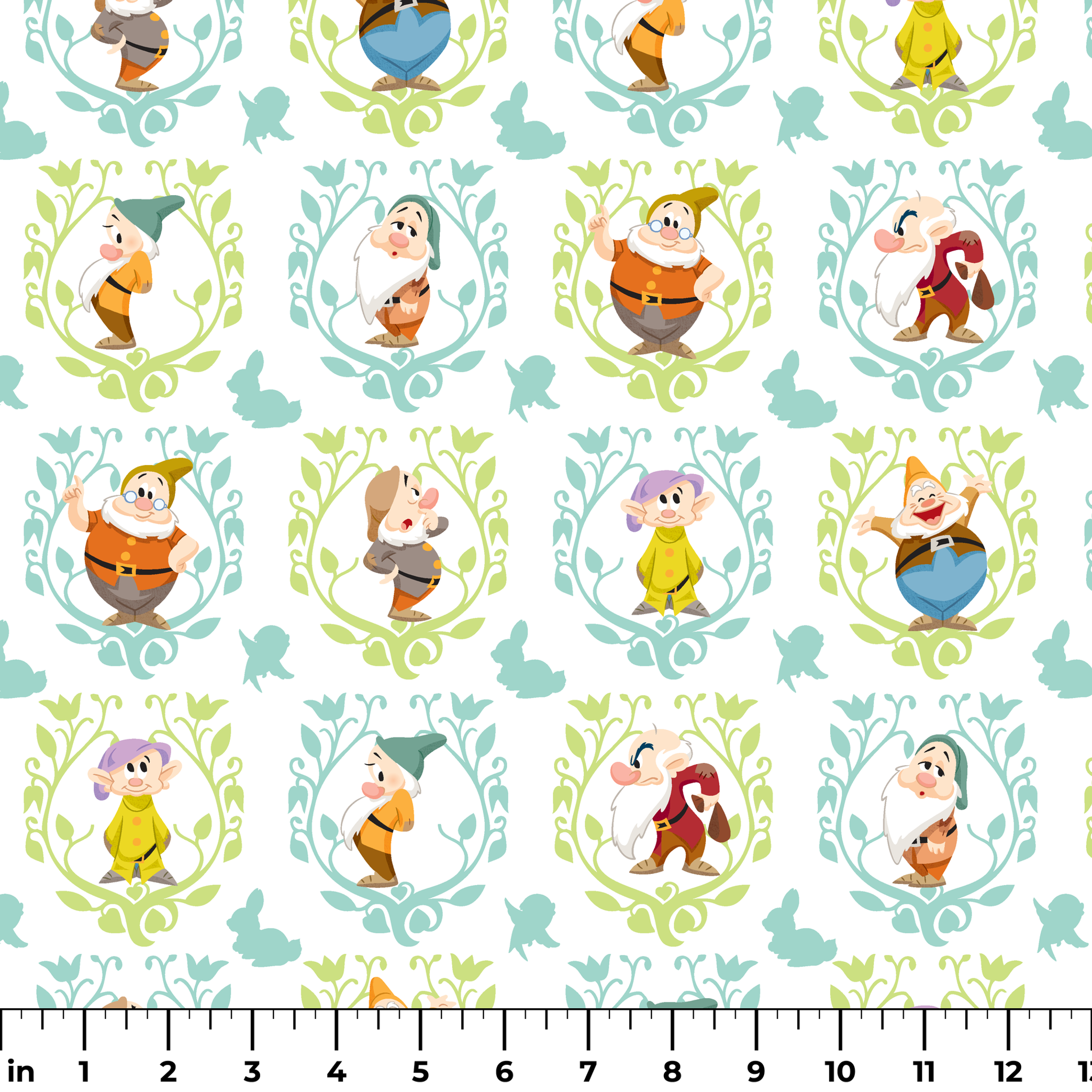 Cartoon pattern of Snow White's seven dwarfs in decorative floral frames on light background ruler