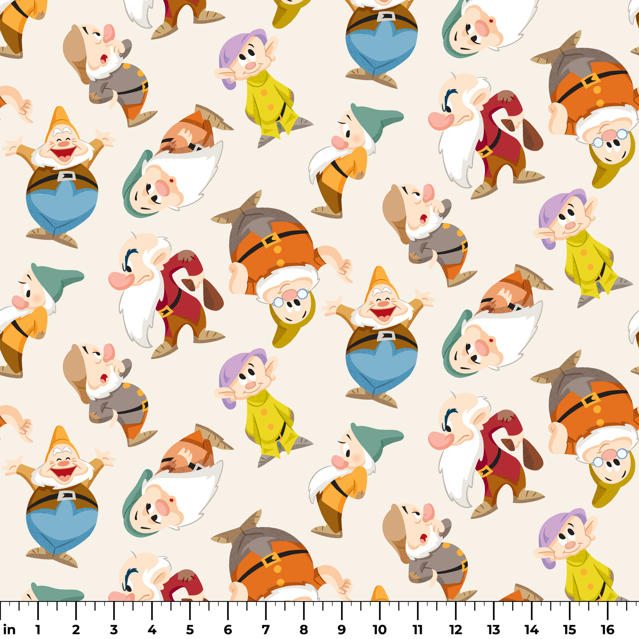 Colorful pattern of small cartoon dwarfs in different colored outfits and hats scattered on cream background ruler