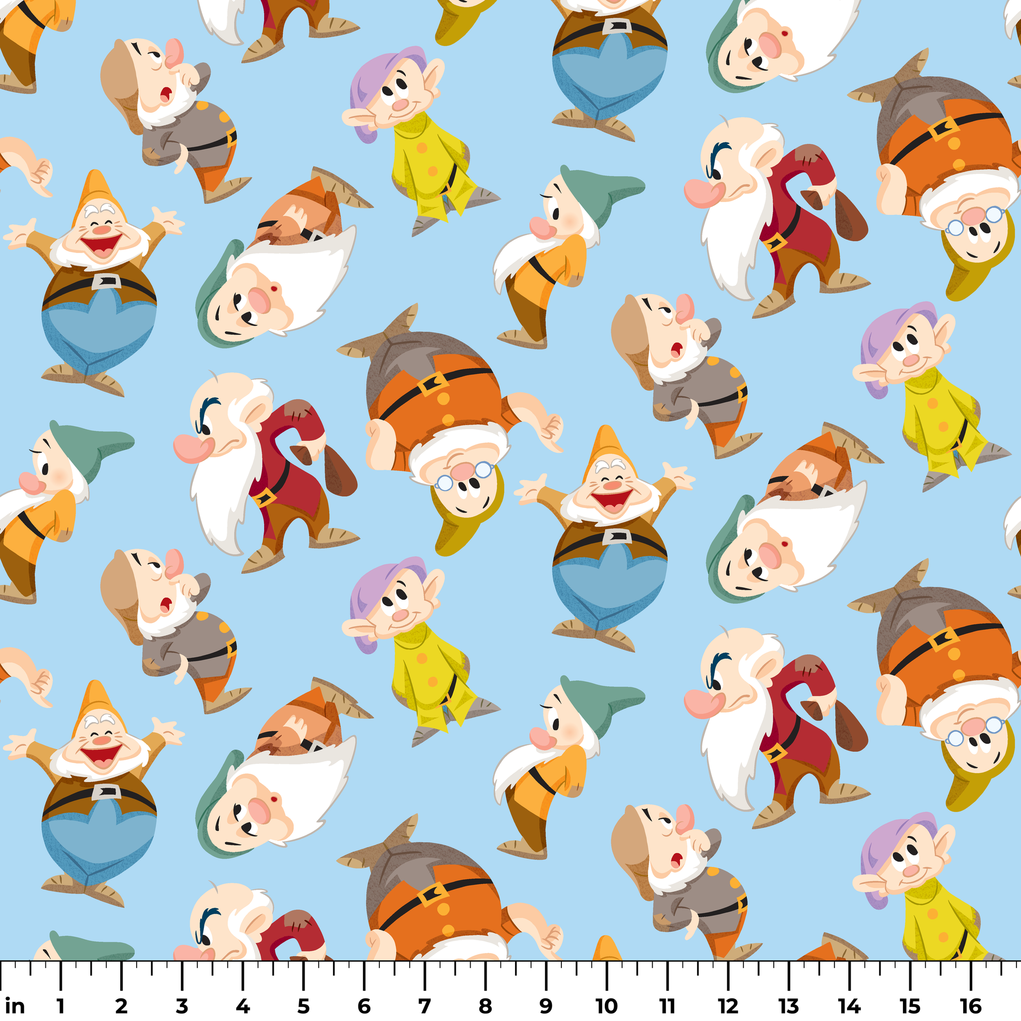 Pattern of cartoon dwarfs in colorful outfits on light blue background ruler
