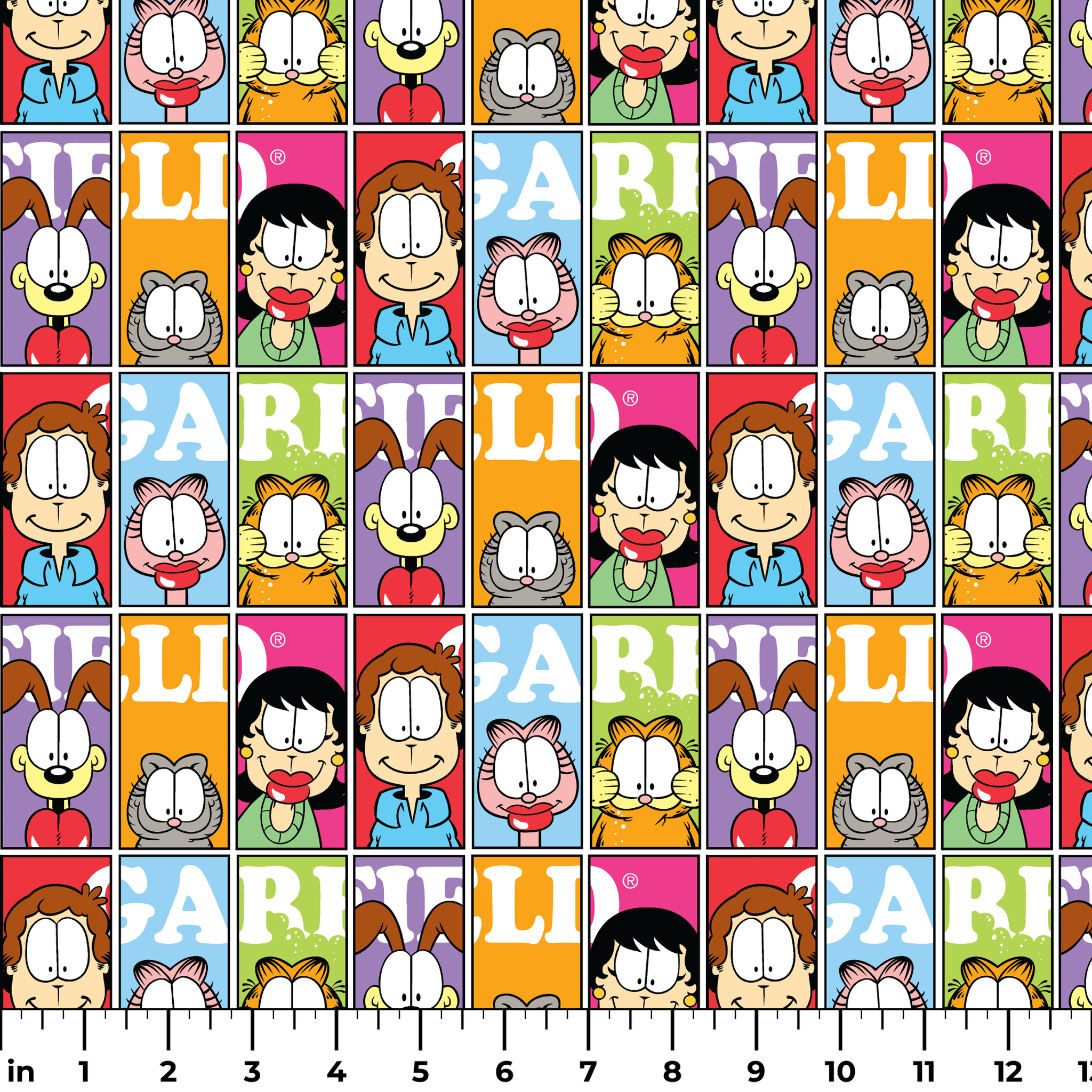 Colorful comic grid pattern with Garfield characters and letters arranged in repeating squares ruler