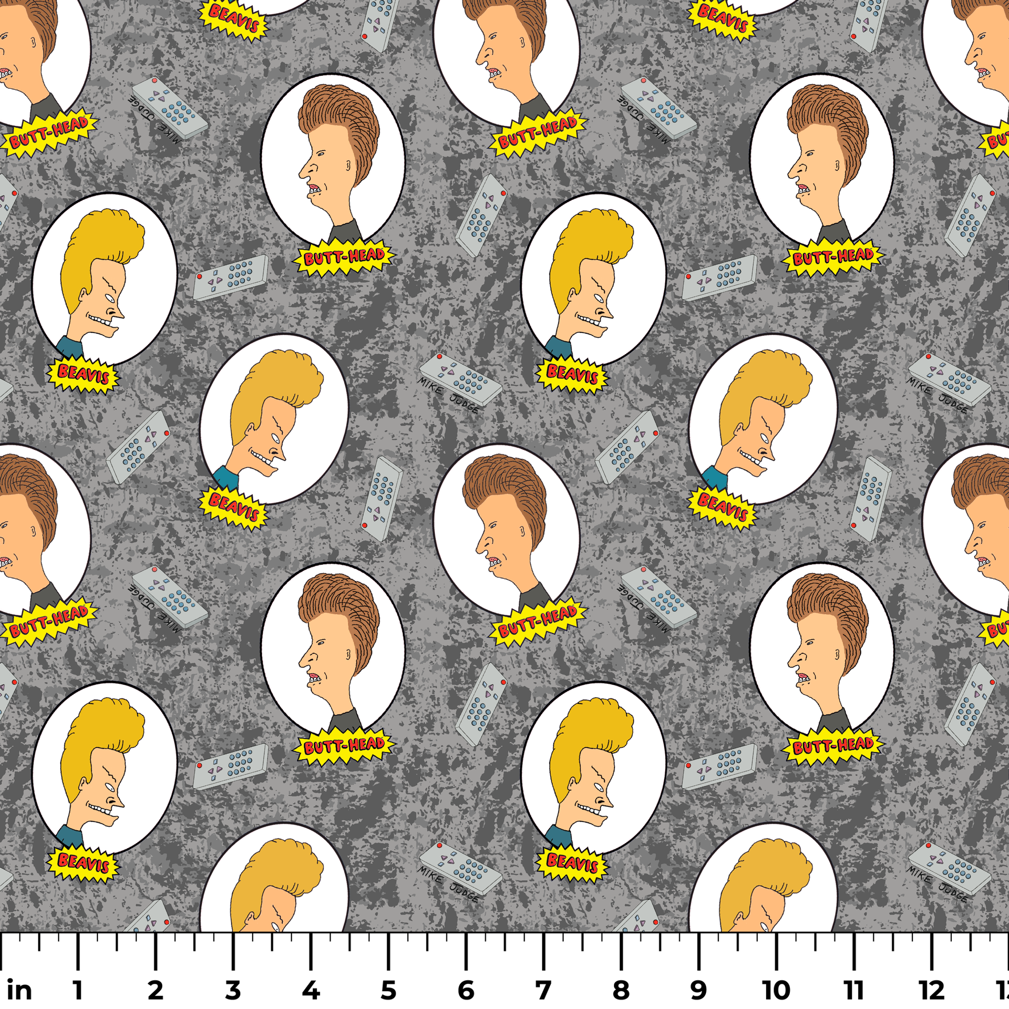 Cartoon pattern with blond and brown-haired animated characters in circular frames against a gray background with comic-style text bubbles. ruler