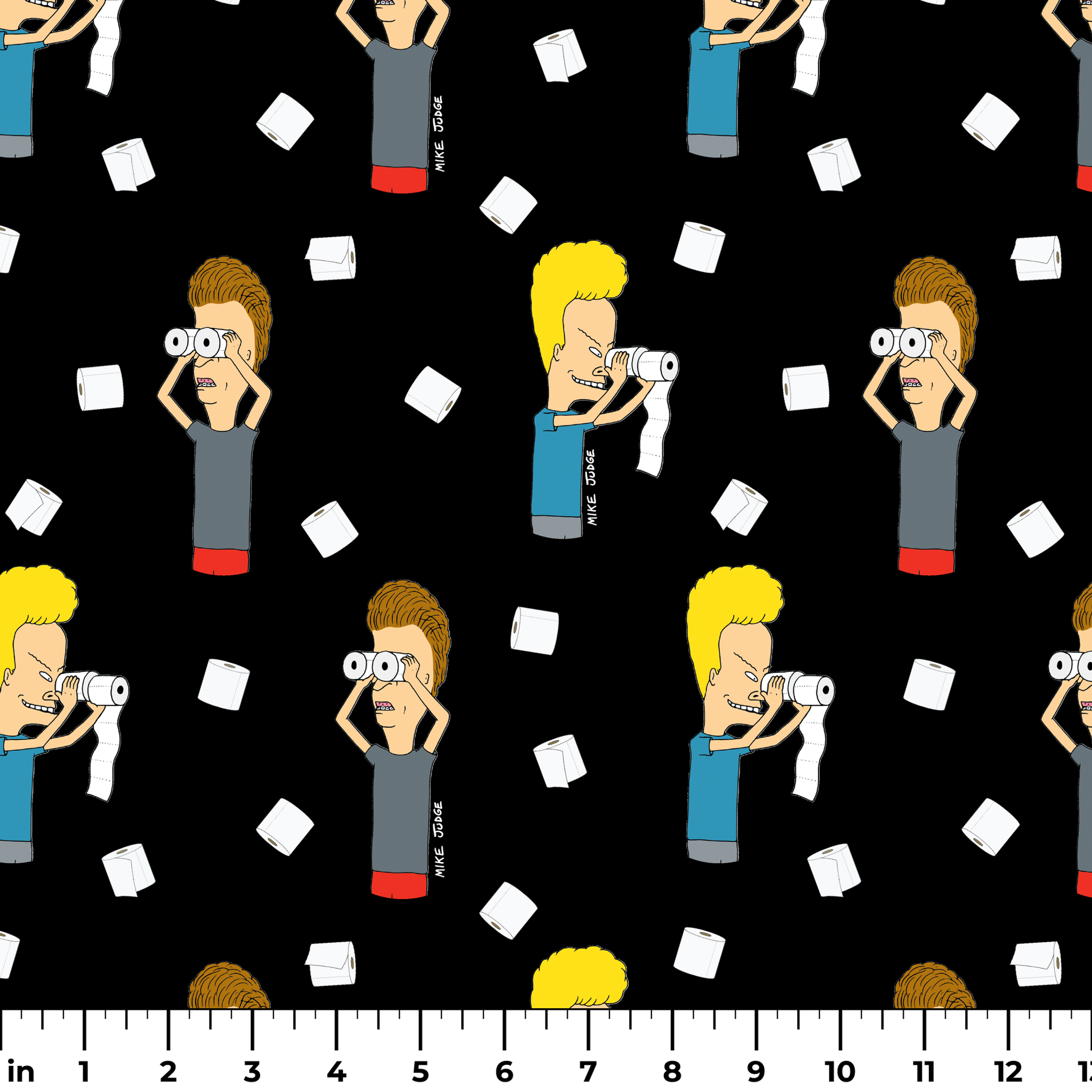 Cartoon characters with exaggerated features on black background with white squares scattered throughout the pattern ruler