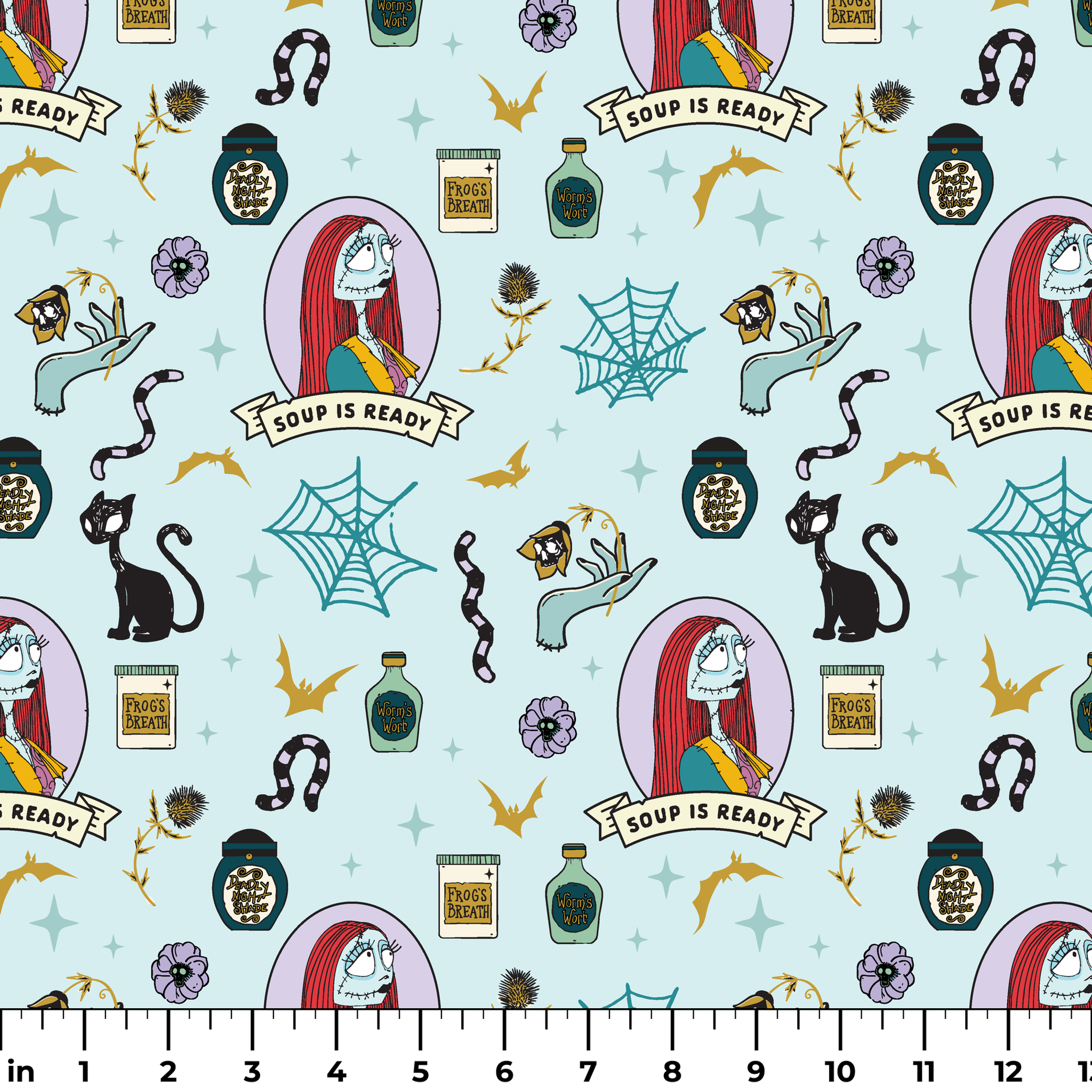 Whimsical pattern with skeletal figure in oval frame, black cats, spiderwebs, potion bottles, and "Soup is Ready" banners on light blue background. ruler