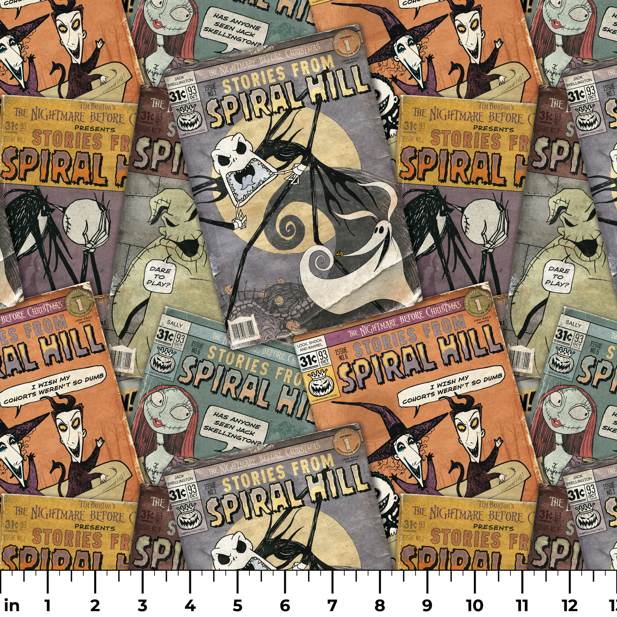 Vintage-style comic books featuring "Stories from Spiral Hill" with spooky skeletal characters on orange and gray covers ruler