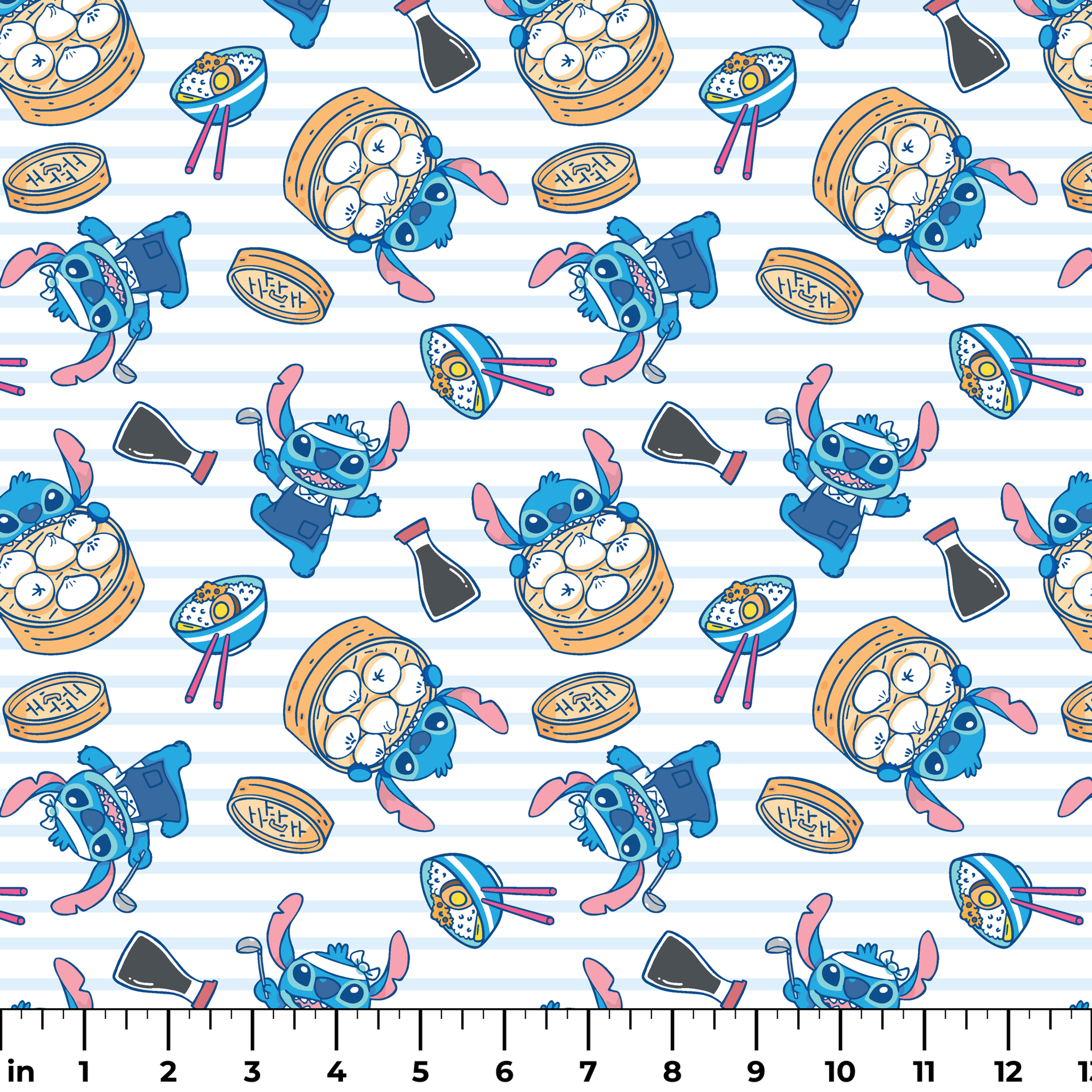 Cartoon Stitch with Chinese dim sum and dumplings on light blue striped background ruler