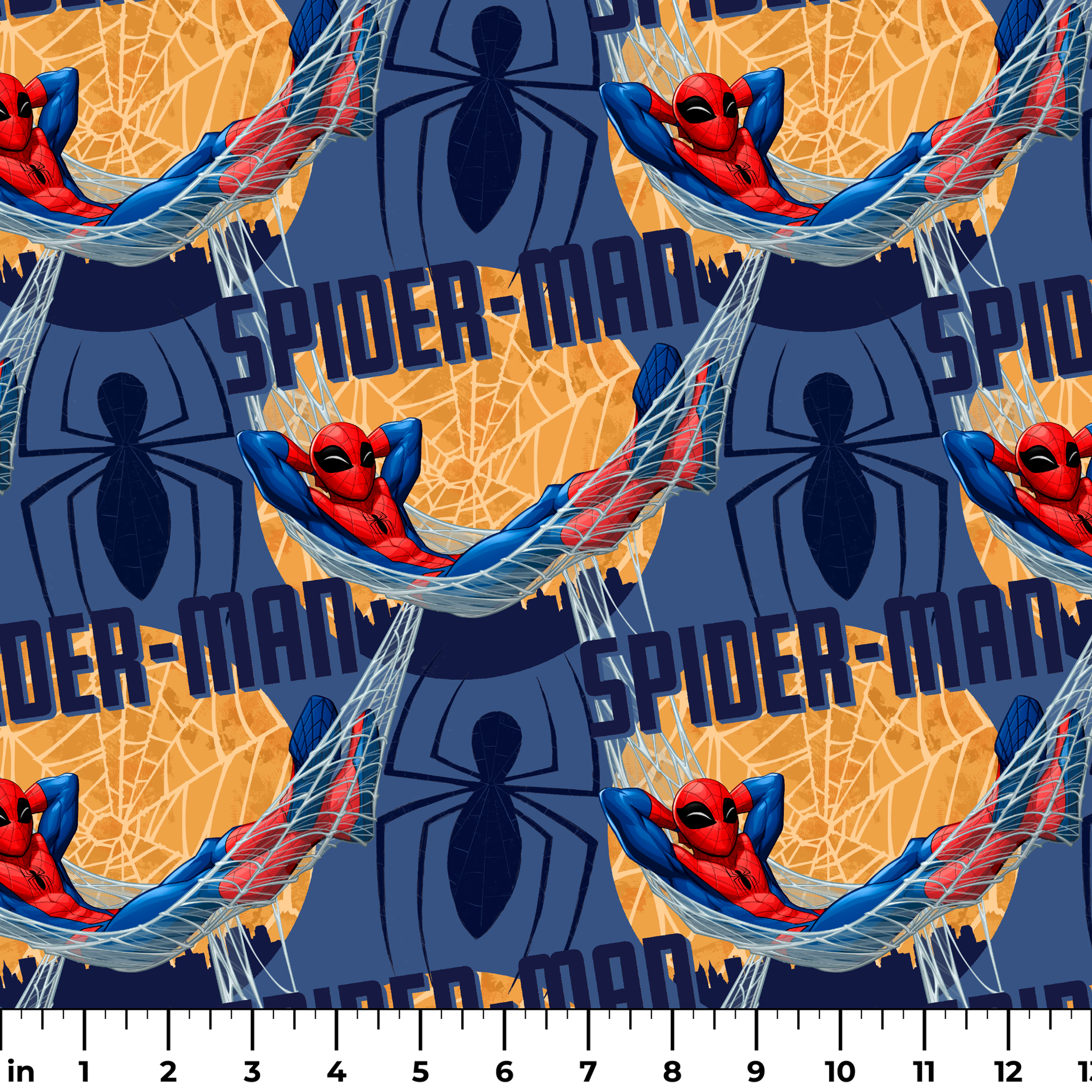 Spider-Man pattern with cartoon superhero in red and blue swinging on webbing against navy and gold background ruler