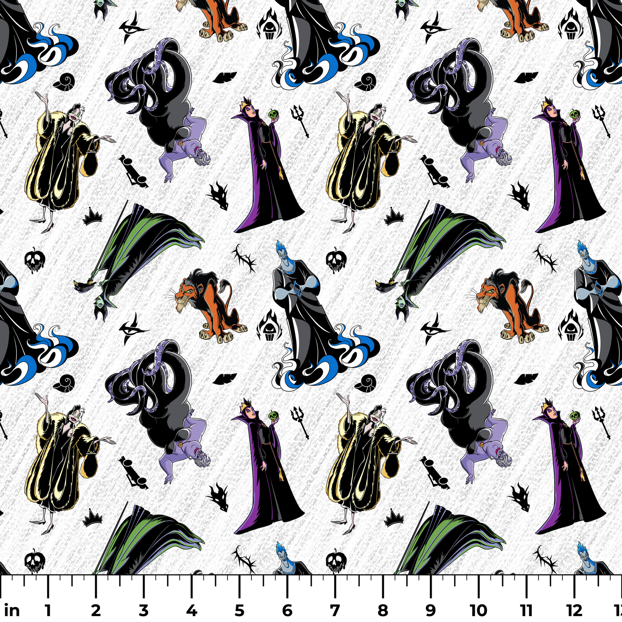 Disney villains pattern with stylized character silhouettes in black, purple, green, and orange on textured white background ruler