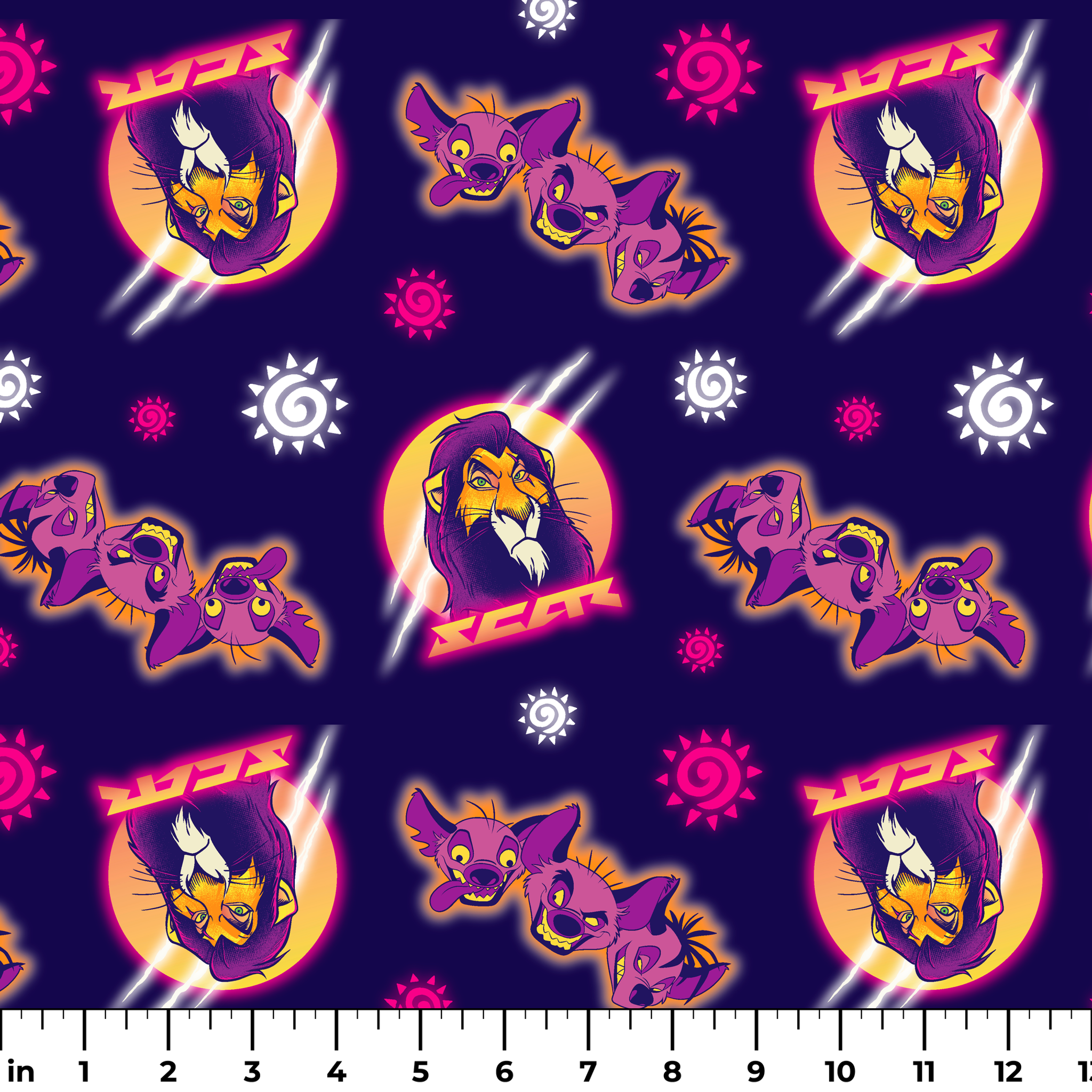 Lion and hyena characters pattern with suns on purple background, Disney's Lion King inspired design ruler