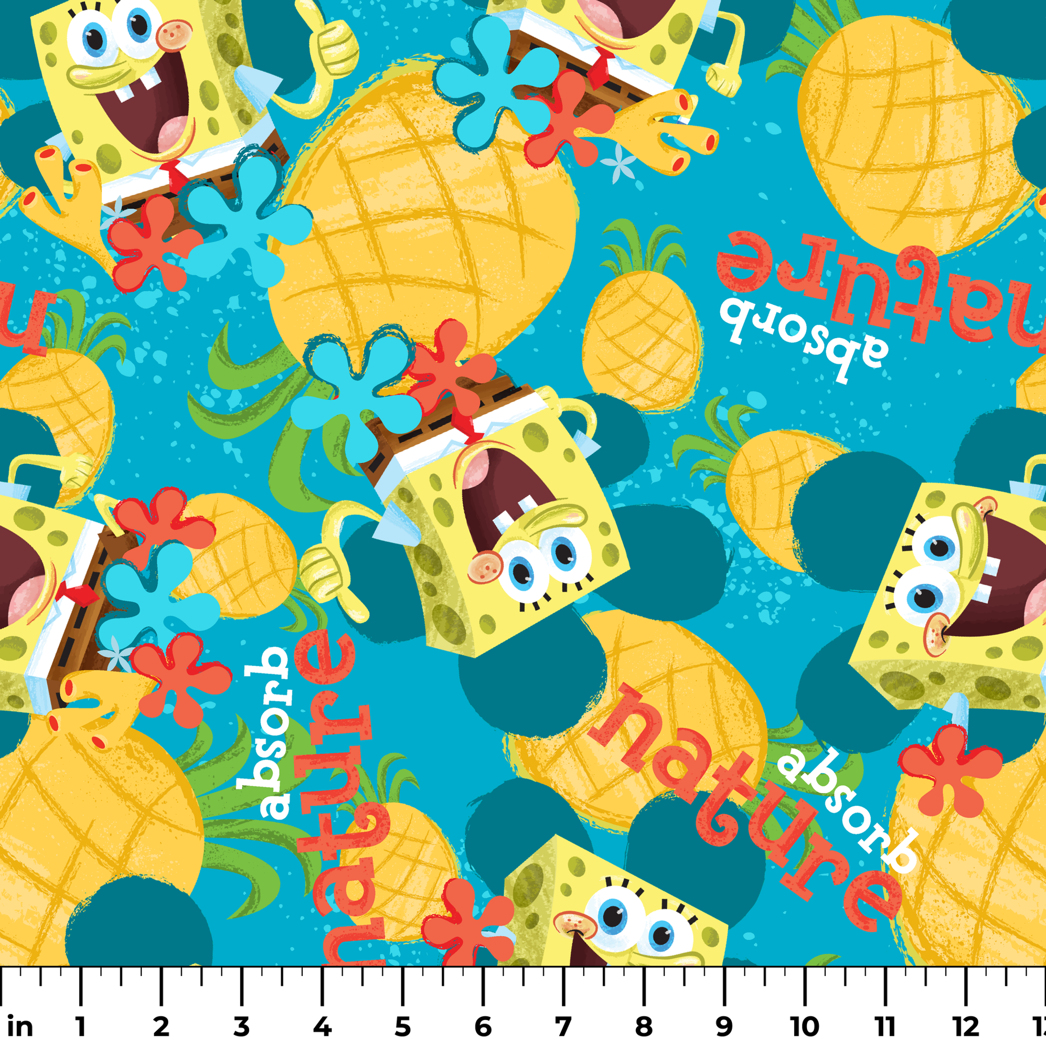 SpongeBob SquarePants pattern with pineapples and flowers on teal background ruler