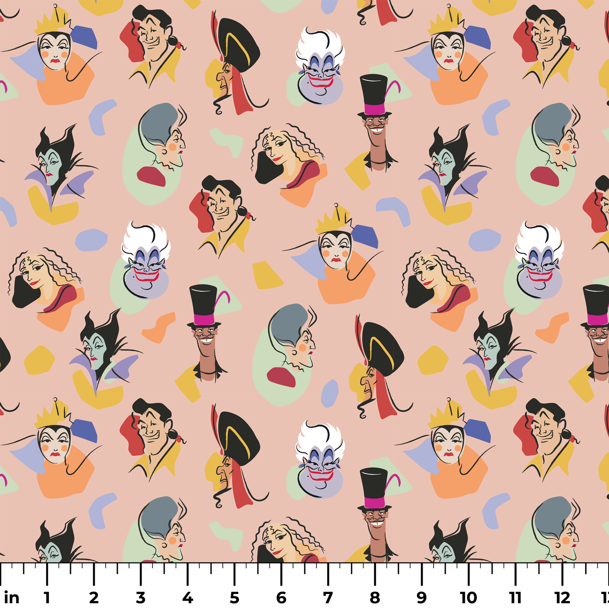 Colorful pattern of Disney villains including Evil Queen, Gaston, Jafar, Ursula, and Maleficent on pink background ruler