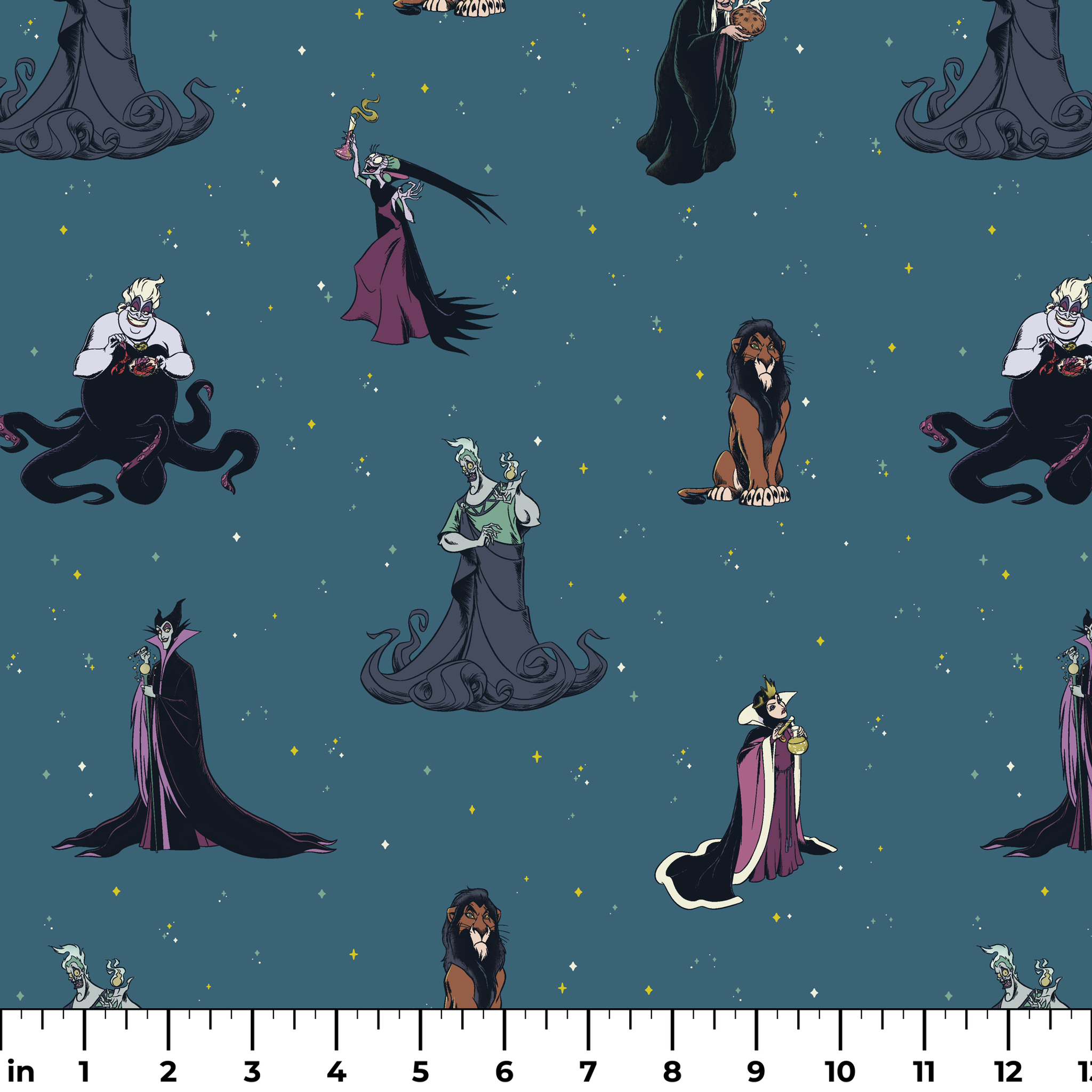 Disney villains pattern on teal background featuring Ursula, Maleficent, Cruella, and Scar in various poses ruler