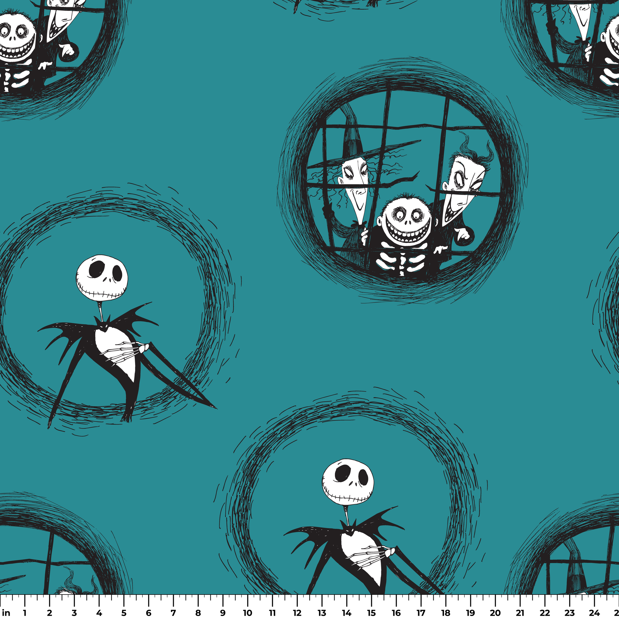 Teal patterned design with The Nightmare Before Christmas characters in circular frames, featuring round-headed characters in formal attire. ruler
