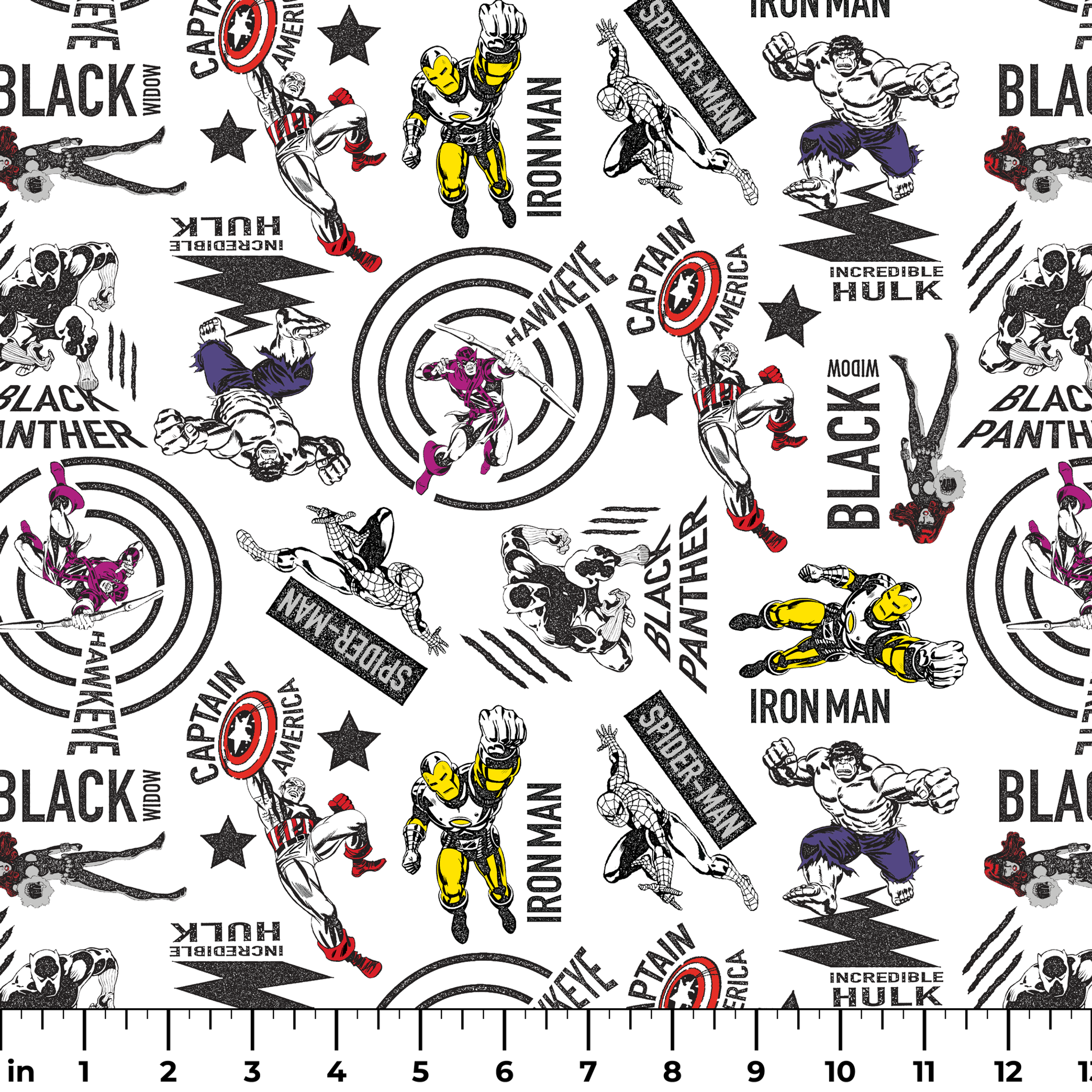 Marvel superheroes pattern with Iron Man, Captain America, Hulk, and Black Panther on white background ruler