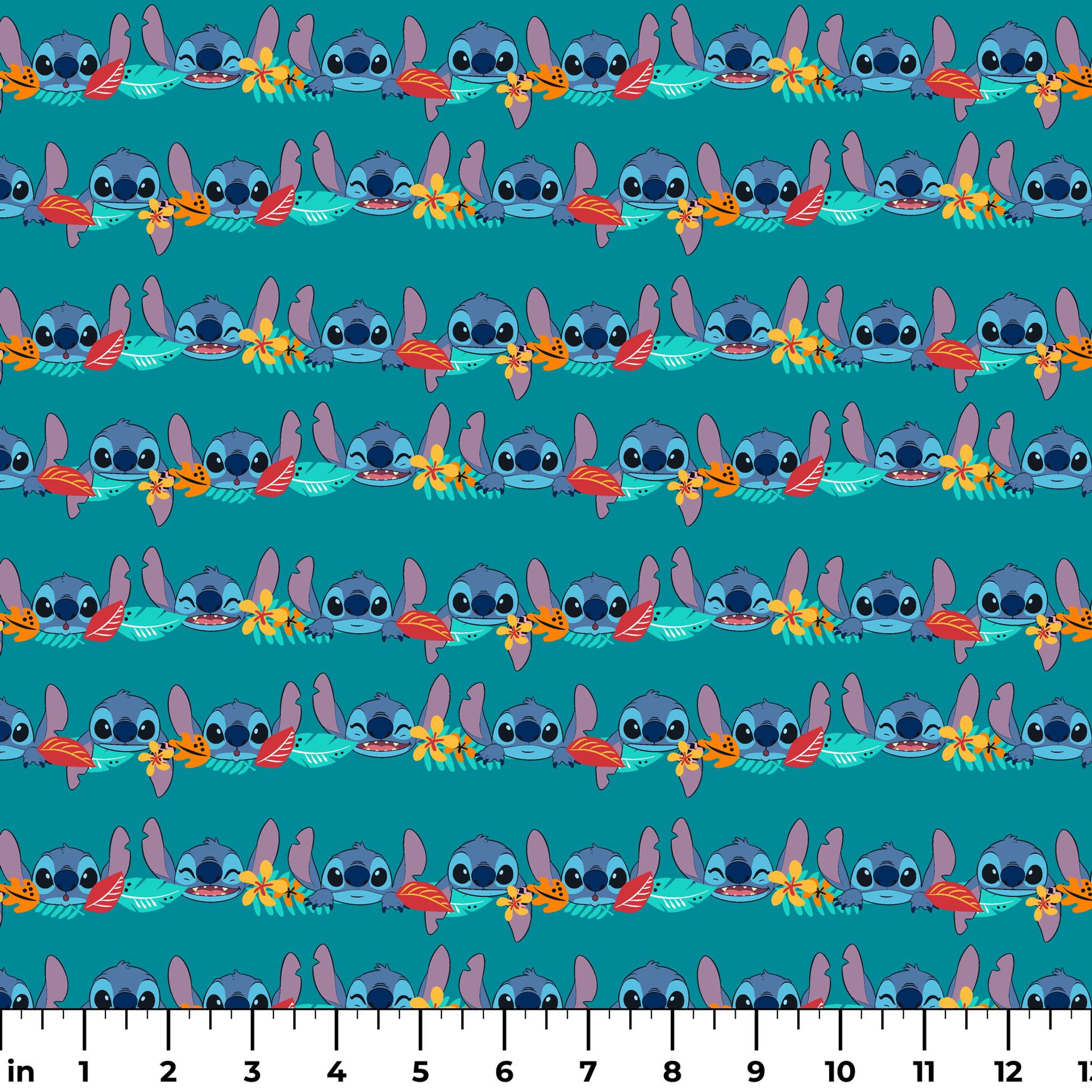 Repeating stripe design with Disney’s Stitch peeking between rows of tropical hibiscus flowers and colorful leaves on a teal background. ruler
