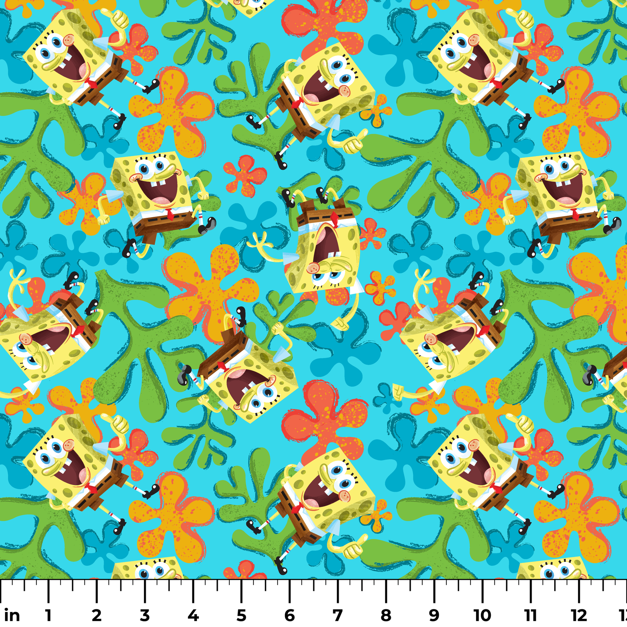 SpongeBob SquarePants pattern with colorful orange and blue flowers on turquoise background ruler