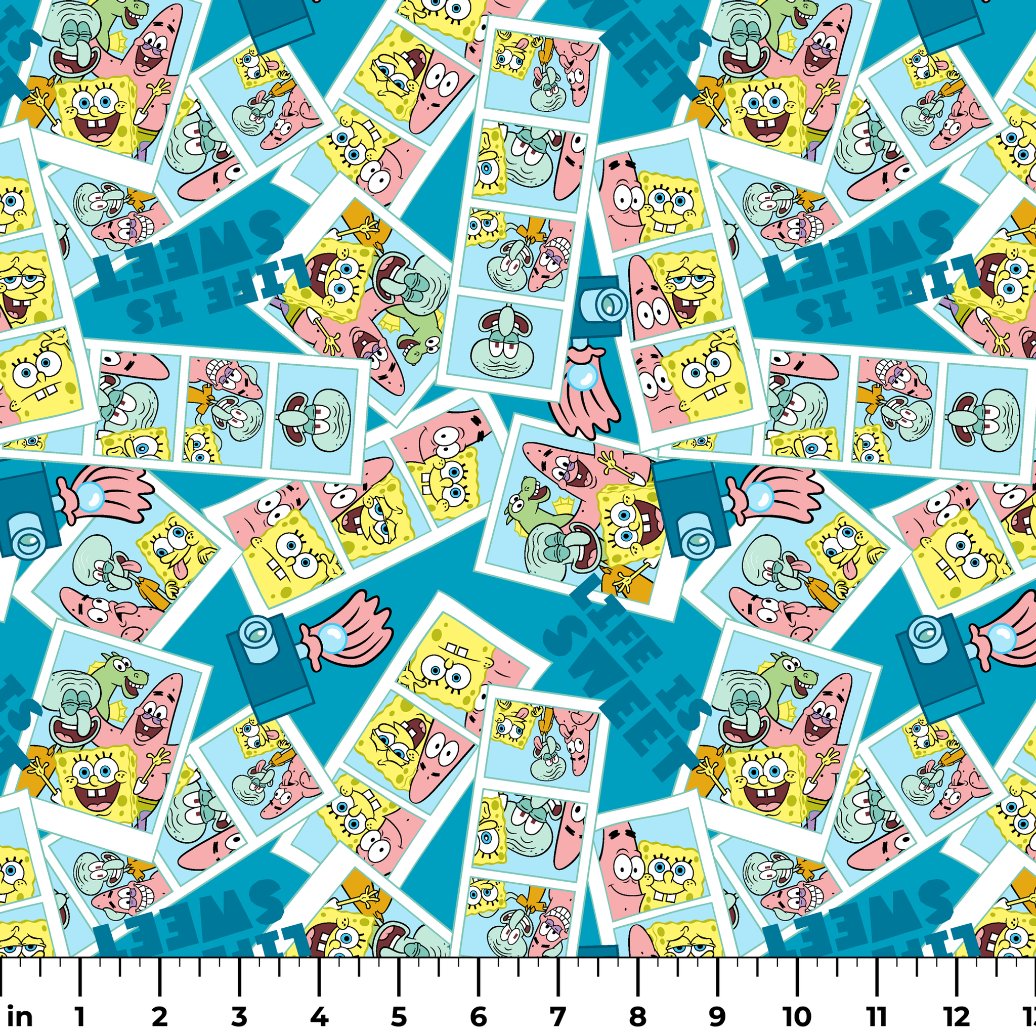Photobooth-style SpongeBob SquarePants design featuring cartoon snapshots of SpongeBob, Patrick, and Squidward with “Life is Sweet” text on a blue background. ruler