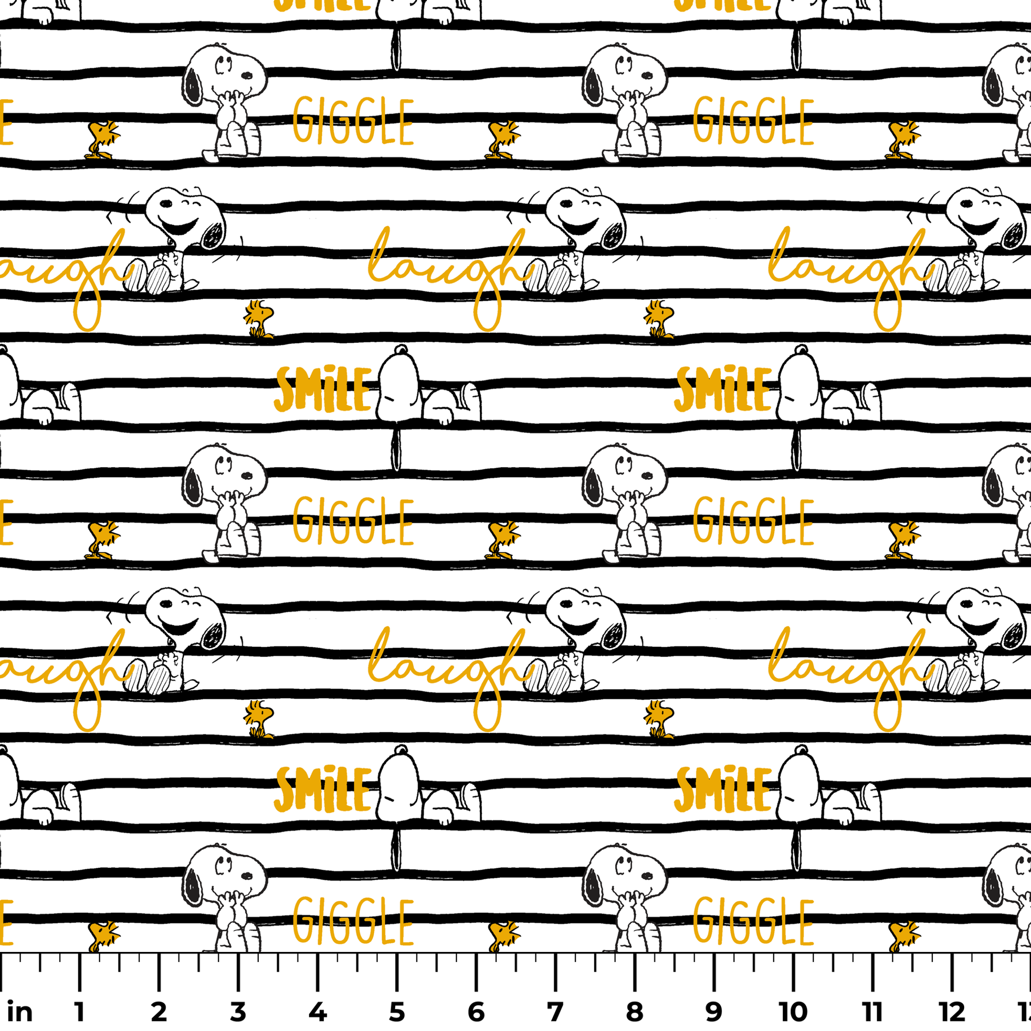 Black and white striped pattern with Snoopy and Woodstock, yellow text saying "giggle," "laugh," "smile ruler