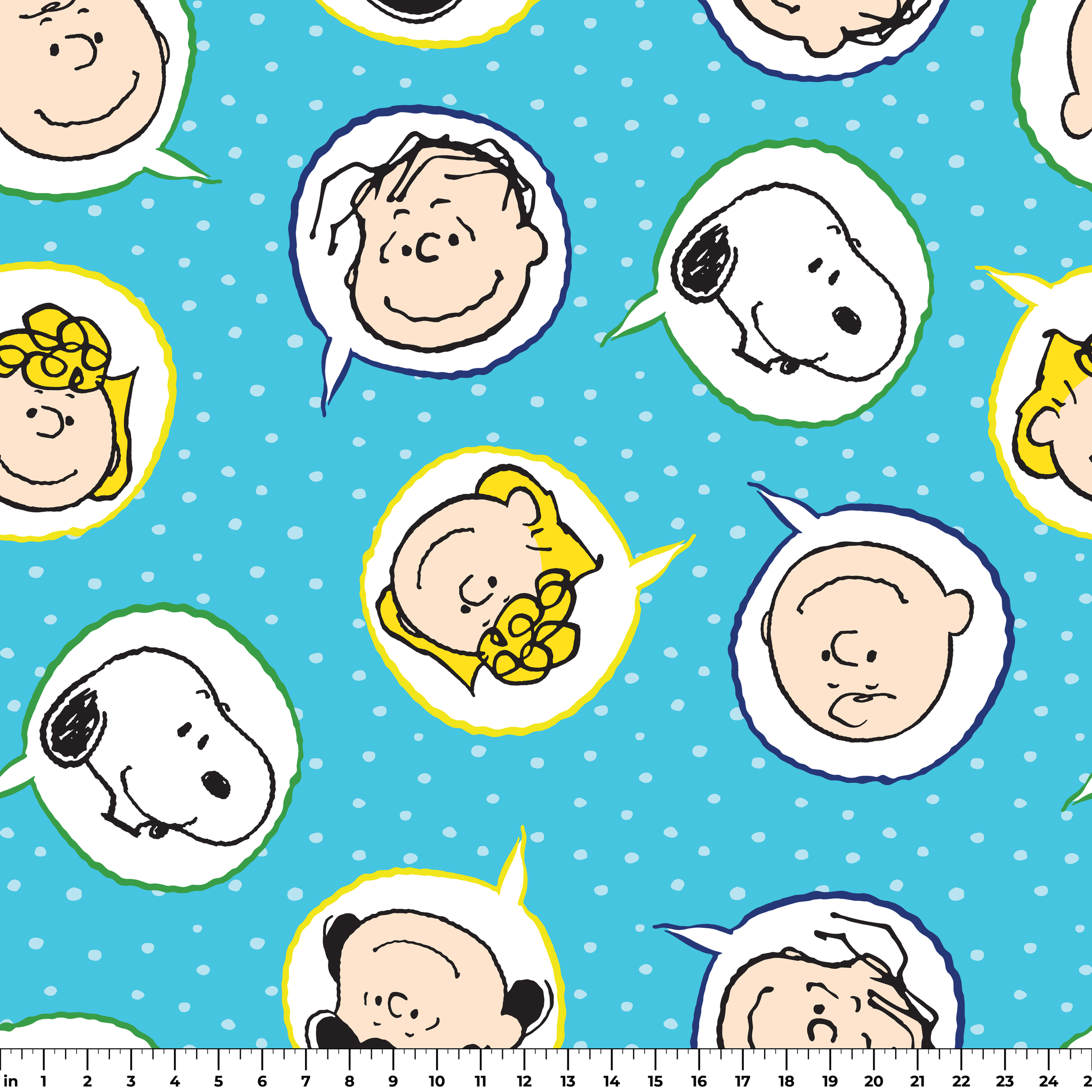Peanuts characters pattern with Snoopy and other cartoon faces in circles on blue background ruler