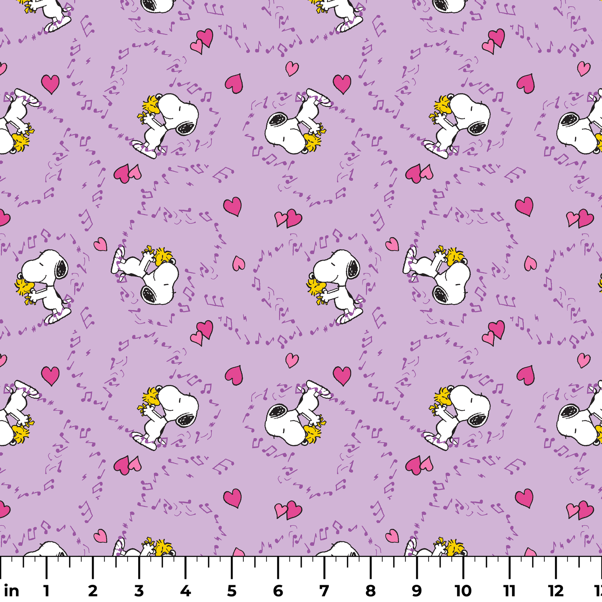 Snoopy and Woodstock on purple background with pink hearts and music notes ruler