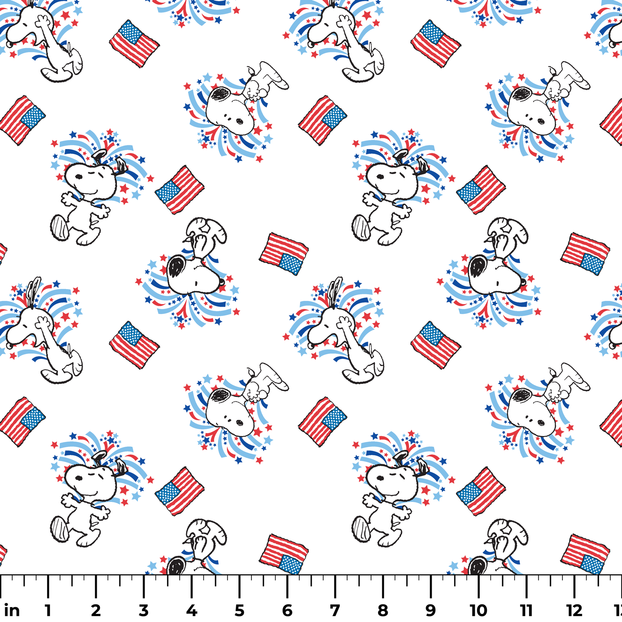 Snoopy with red and blue fireworks pattern alongside American flags on white background ruler