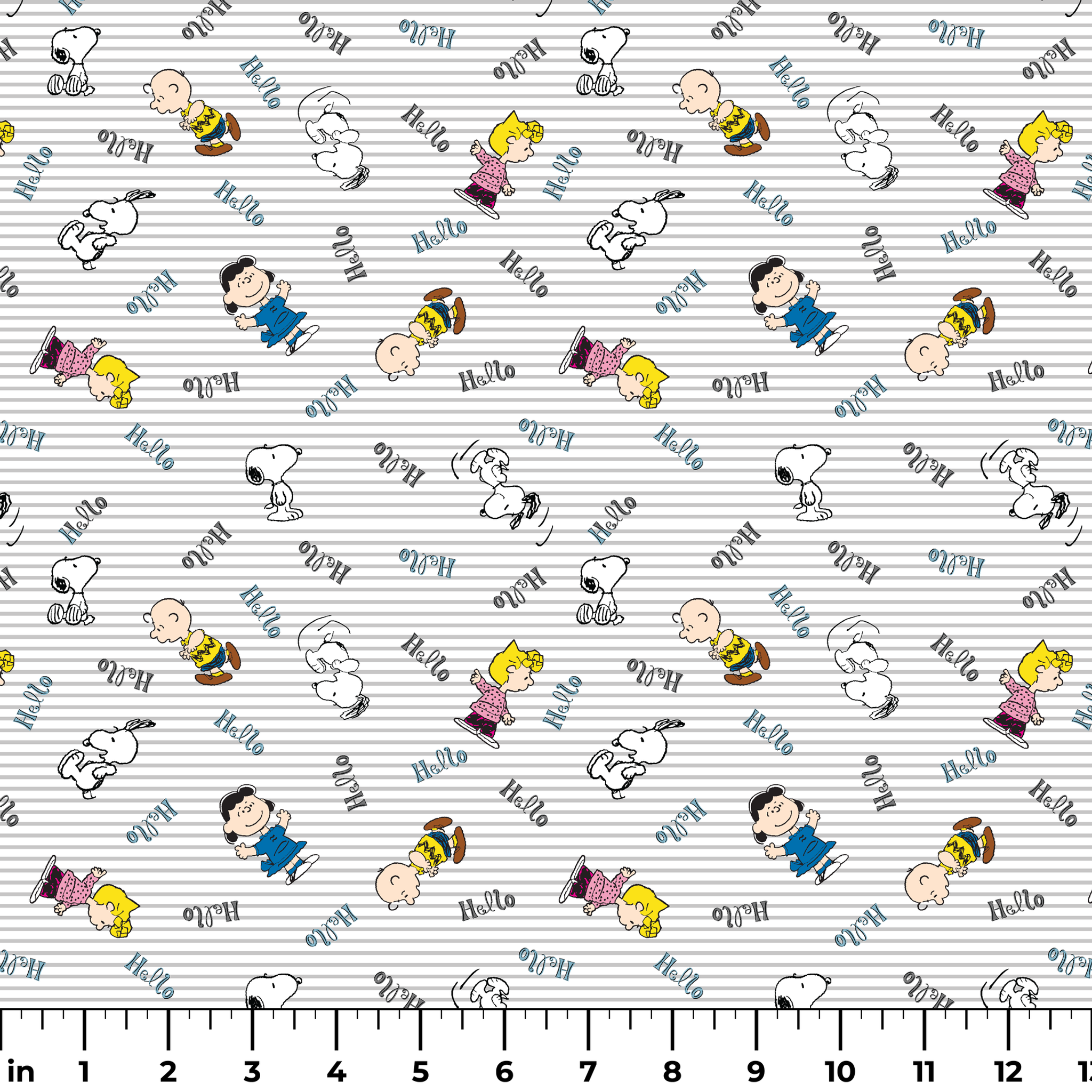 Peanuts cartoon characters scattered on striped background with "hello" text, featuring Snoopy, Charlie Brown, and friends ruler