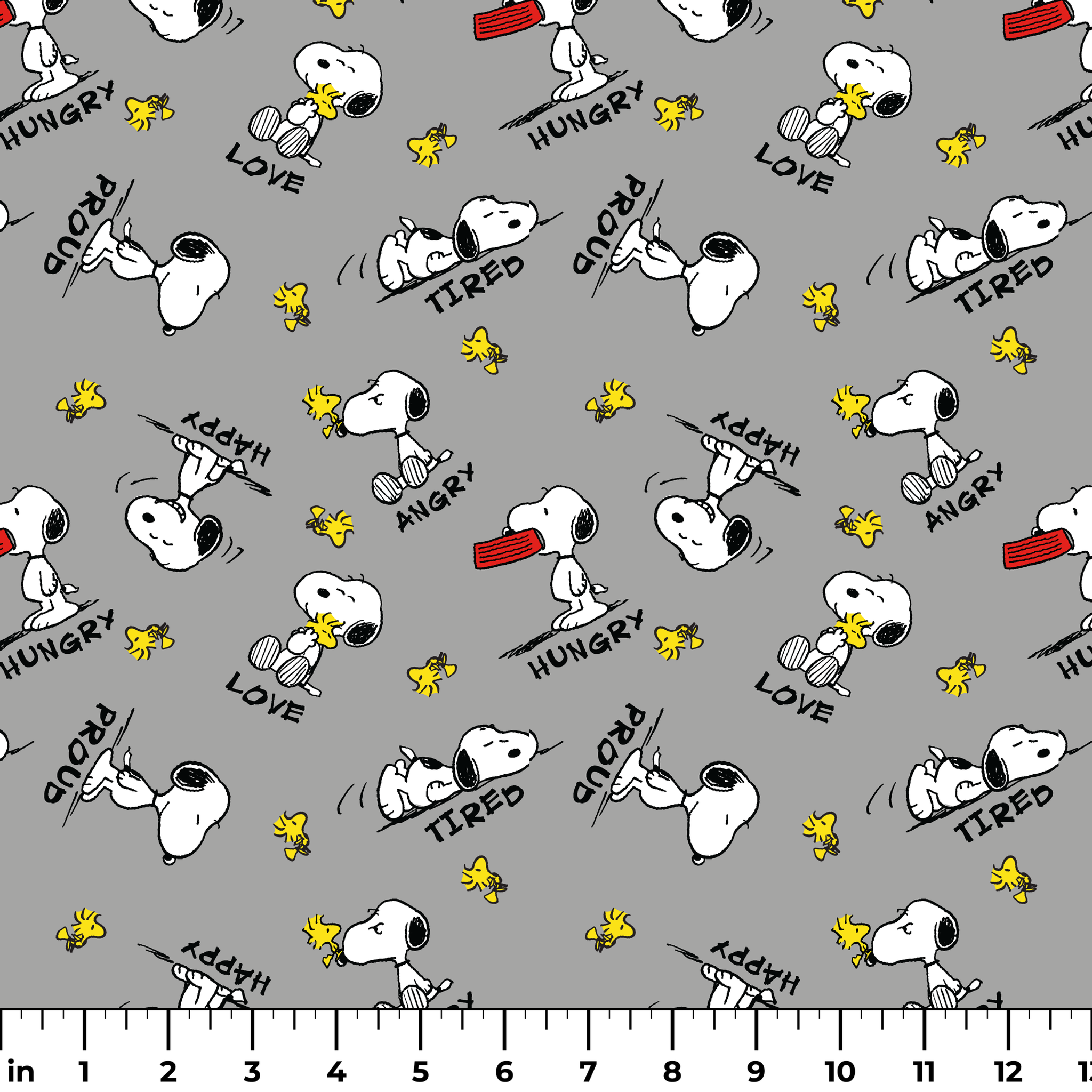 Snoopy cartoon pattern on gray background with emotions like "Hungry" and "Love" with Woodstock ruler