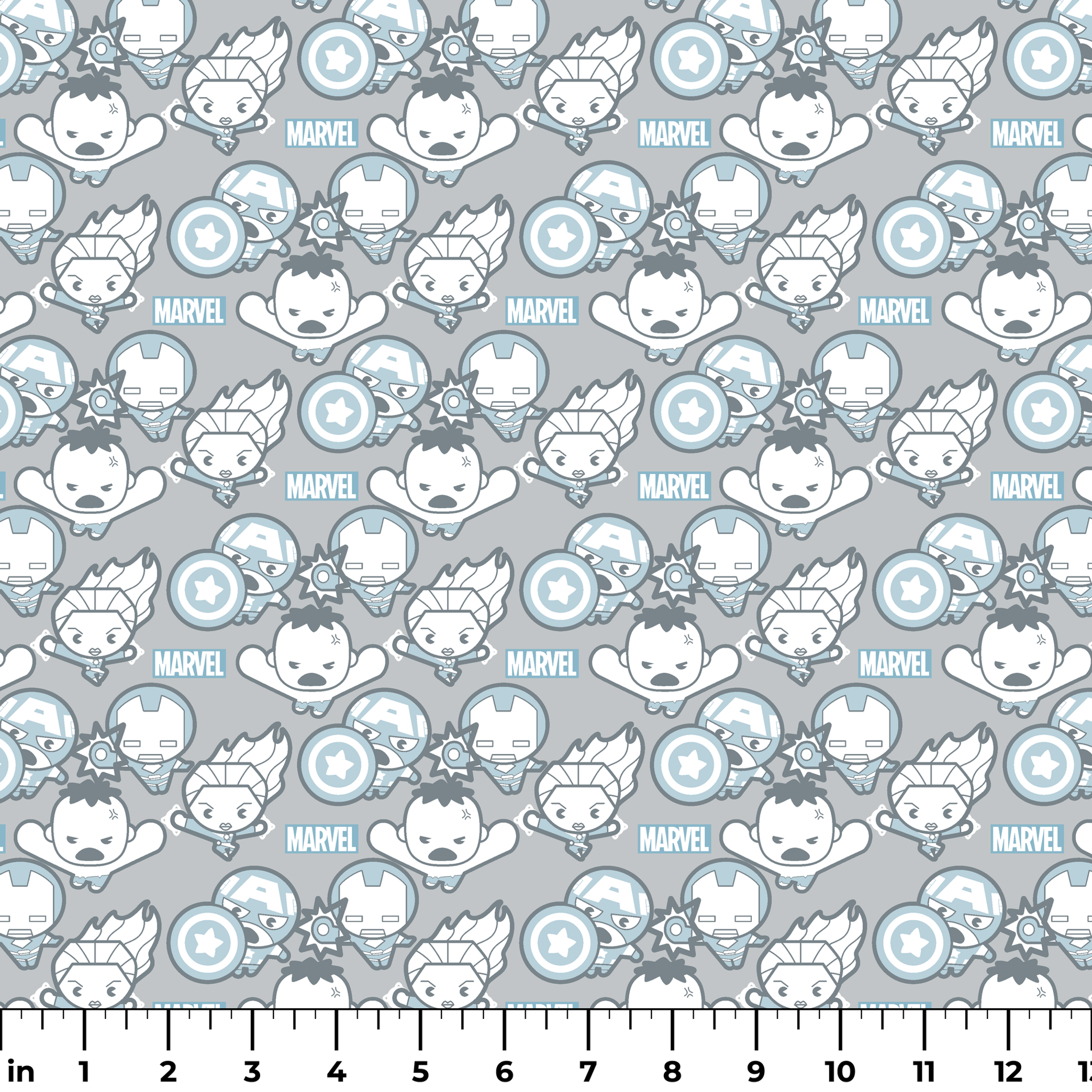 Cute cartoon Marvel superhero pattern with simplified characters and icons on gray background ruler