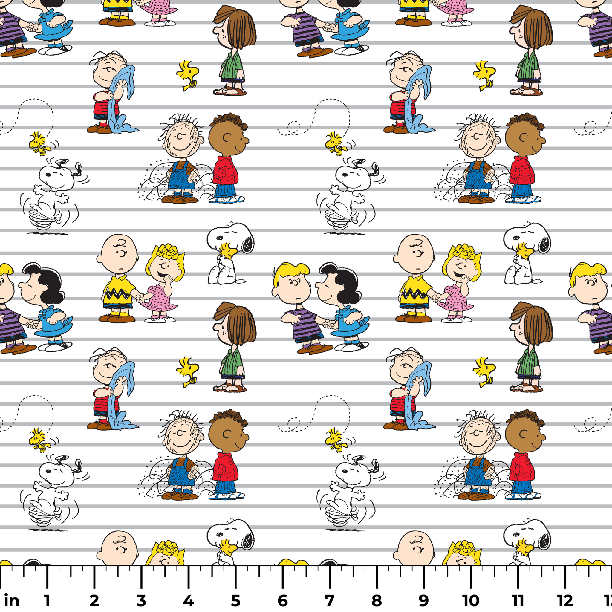 Peanuts cartoon characters on striped background, including Snoopy, Woodstock, and friends with their signature traits and poses. ruler