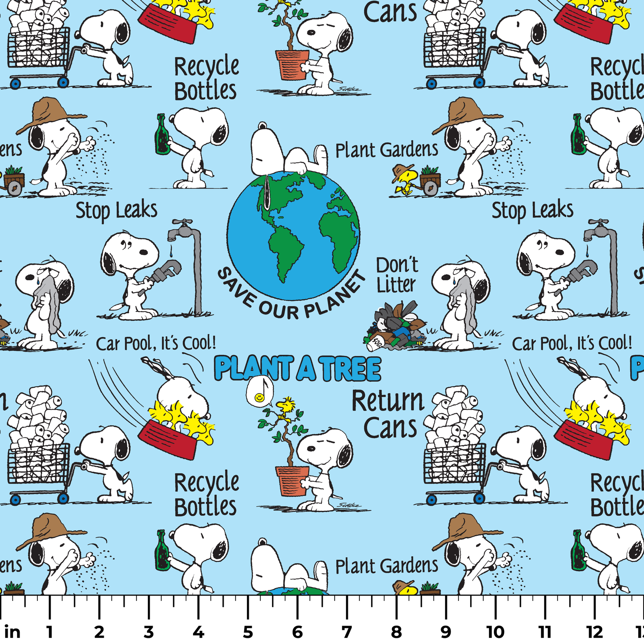Snoopy cartoon dog in environmental scenes with Earth graphic and eco-friendly messages like "Plant a Tree" and "Recycle ruler