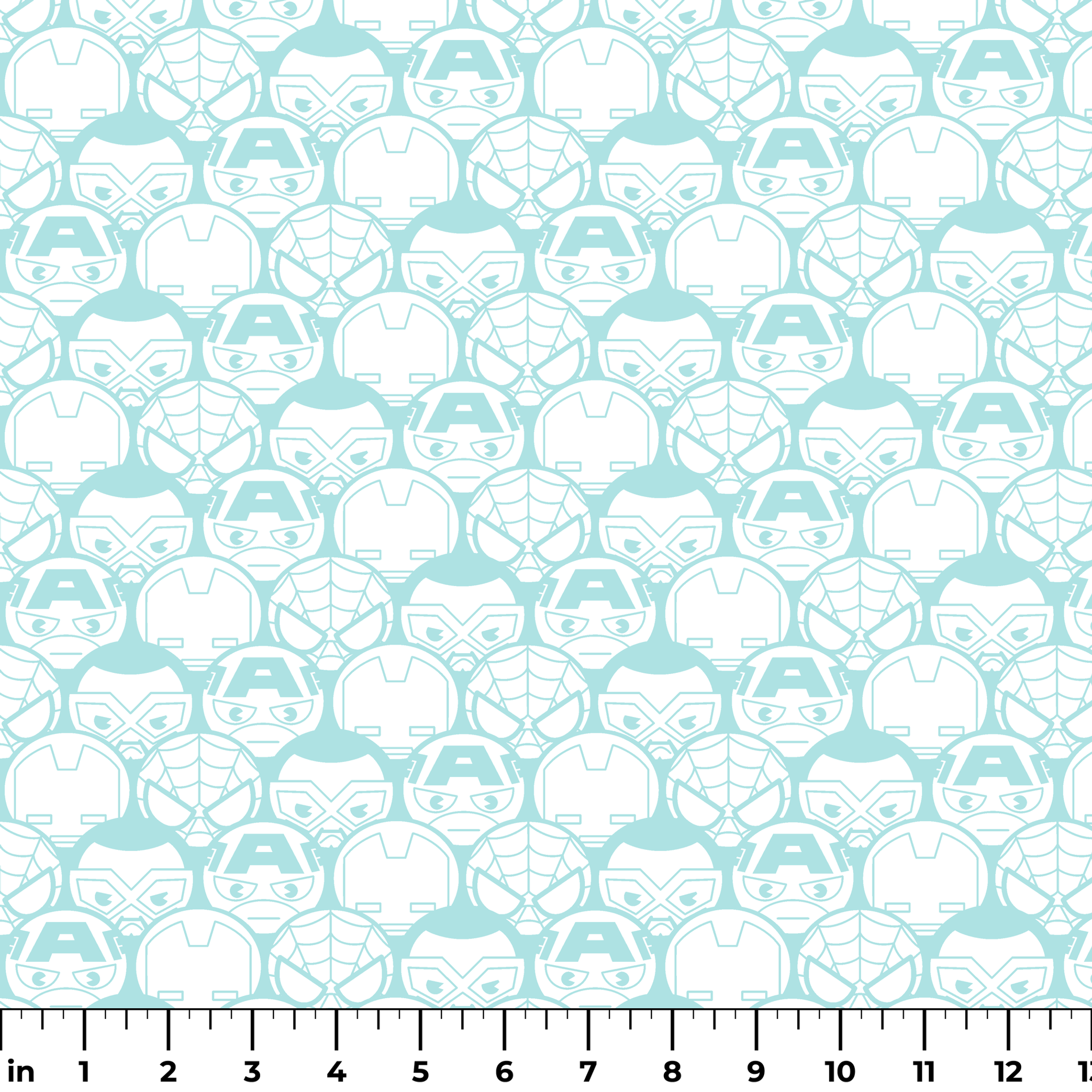 Light blue and white pattern of stylized superhero masks and helmets in a repeating design ruler