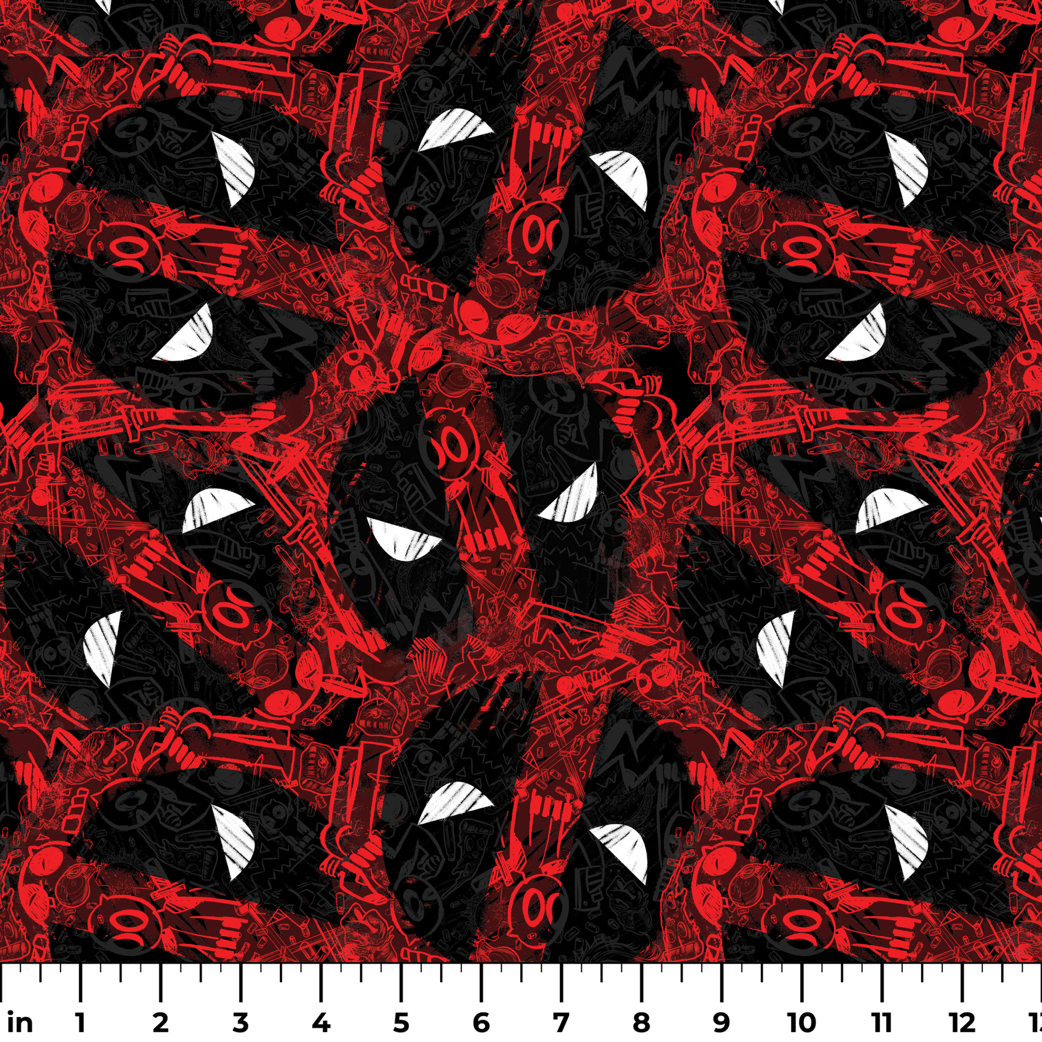 Abstract pattern of red and black chaotic lines with white triangular shapes scattered throughout the design ruler