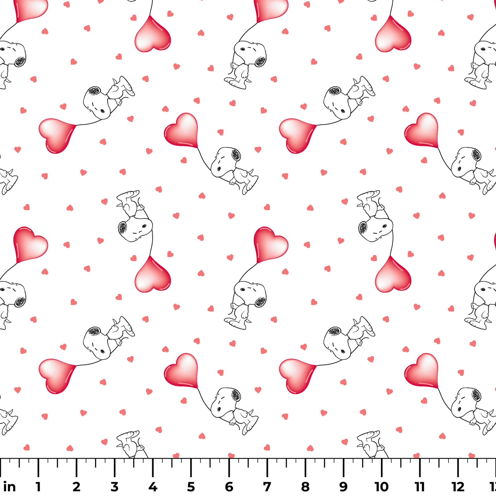 Cute Snoopy holding heart-shaped balloons with small hearts scattered on white background ruler