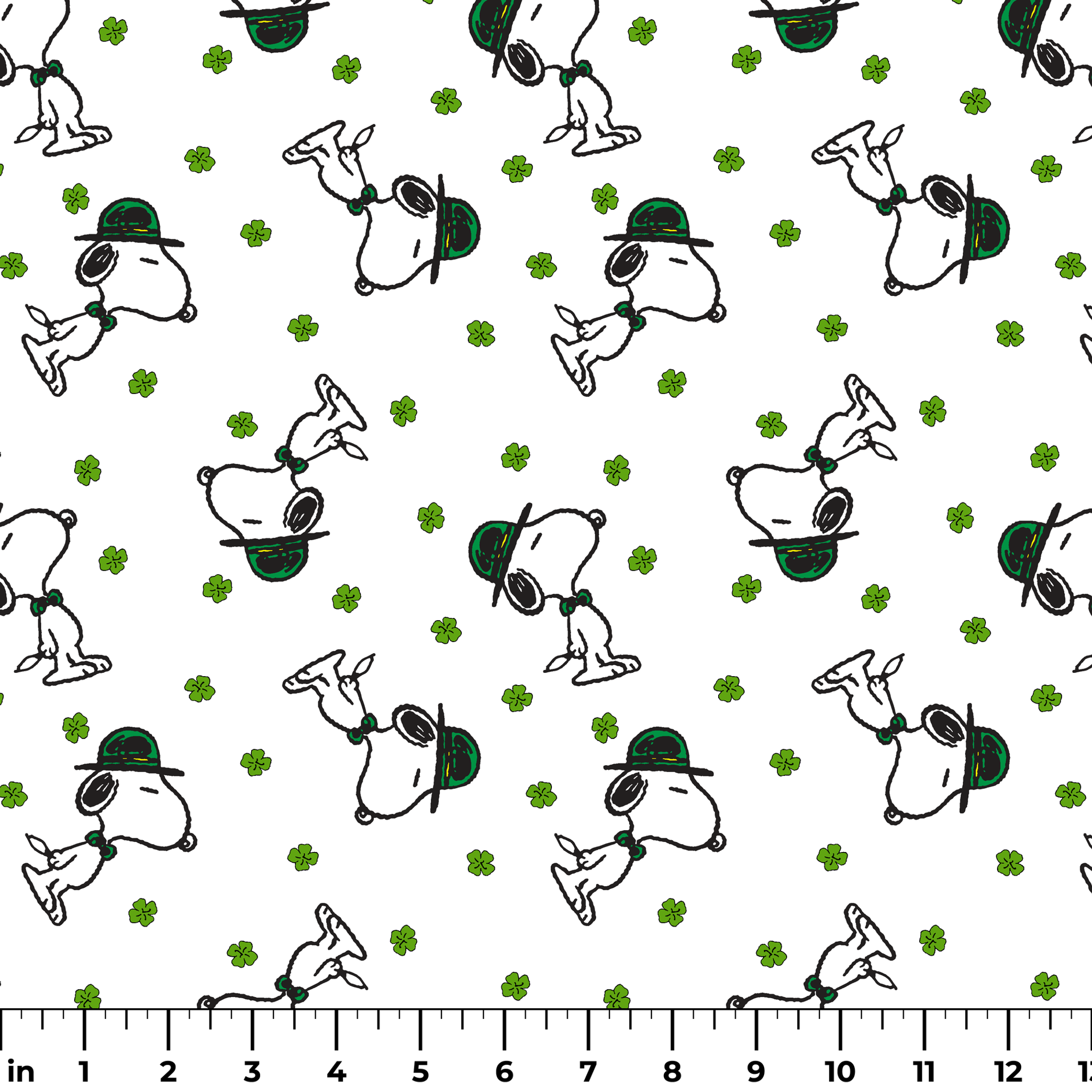 Cartoon Snoopy wearing green hat with shamrocks scattered across white background ruler