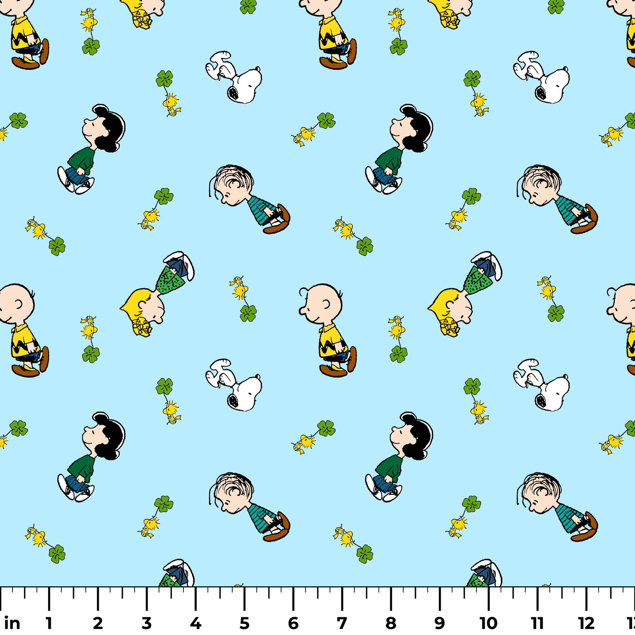 Peanuts cartoon characters on light blue background with clovers ruler