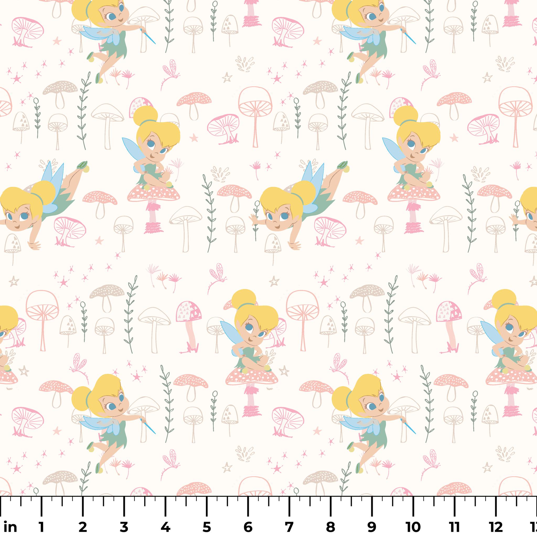 Whimsical pattern with cartoon fairy characters and pink mushrooms against a cream background ruler