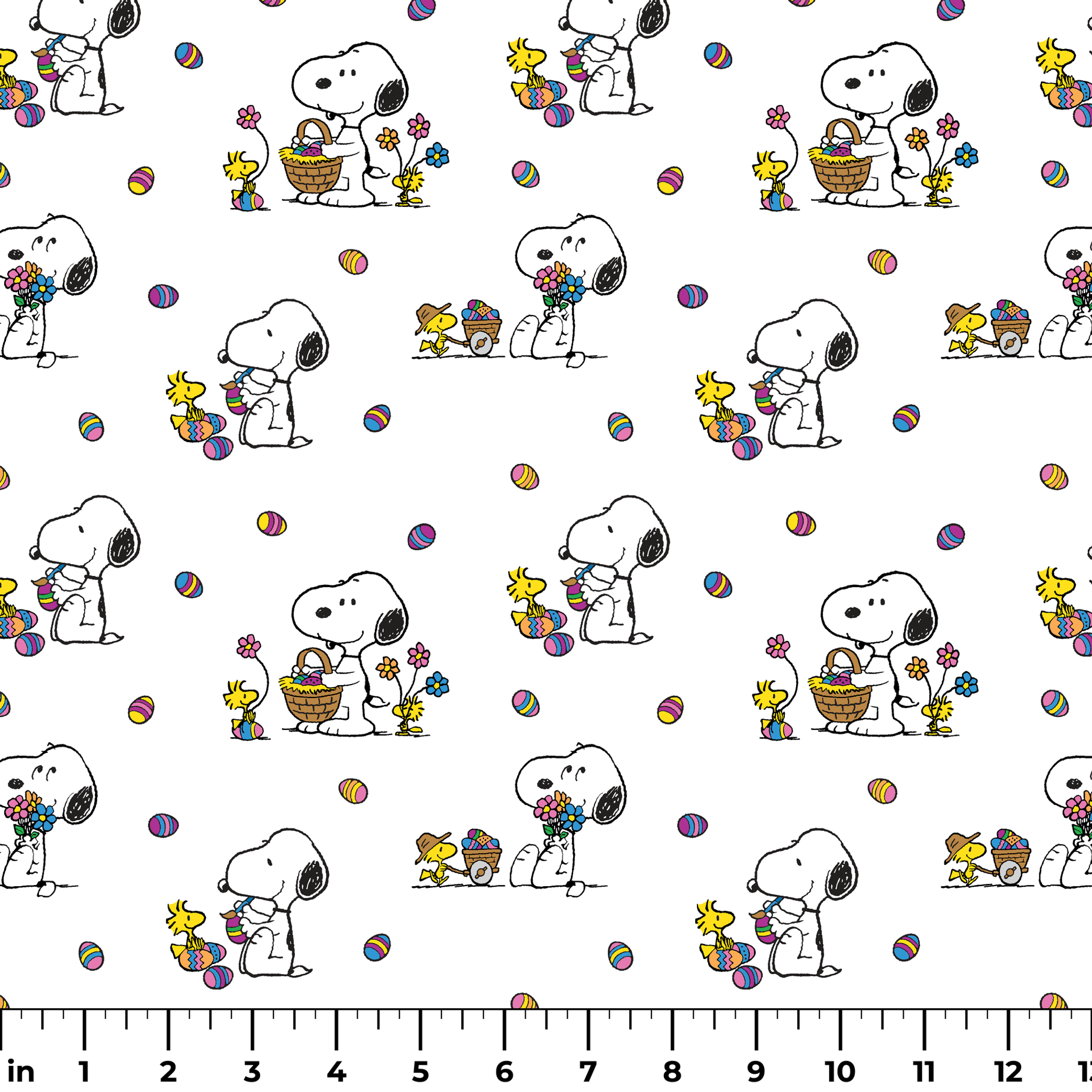 Cartoon pattern with Snoopy and Woodstock celebrating Easter with colorful eggs and baskets on white background ruler