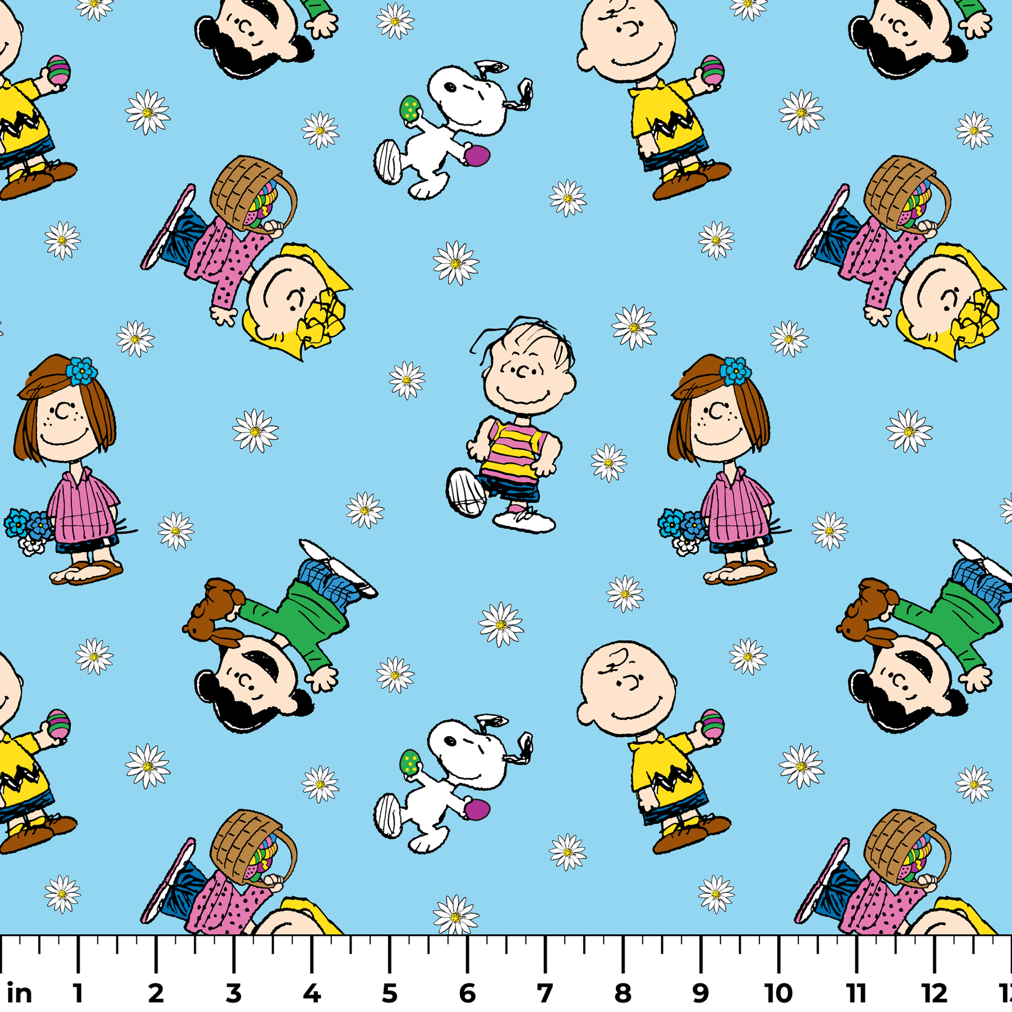 Peanuts cartoon characters scattered on light blue background with white daisies pattern ruler