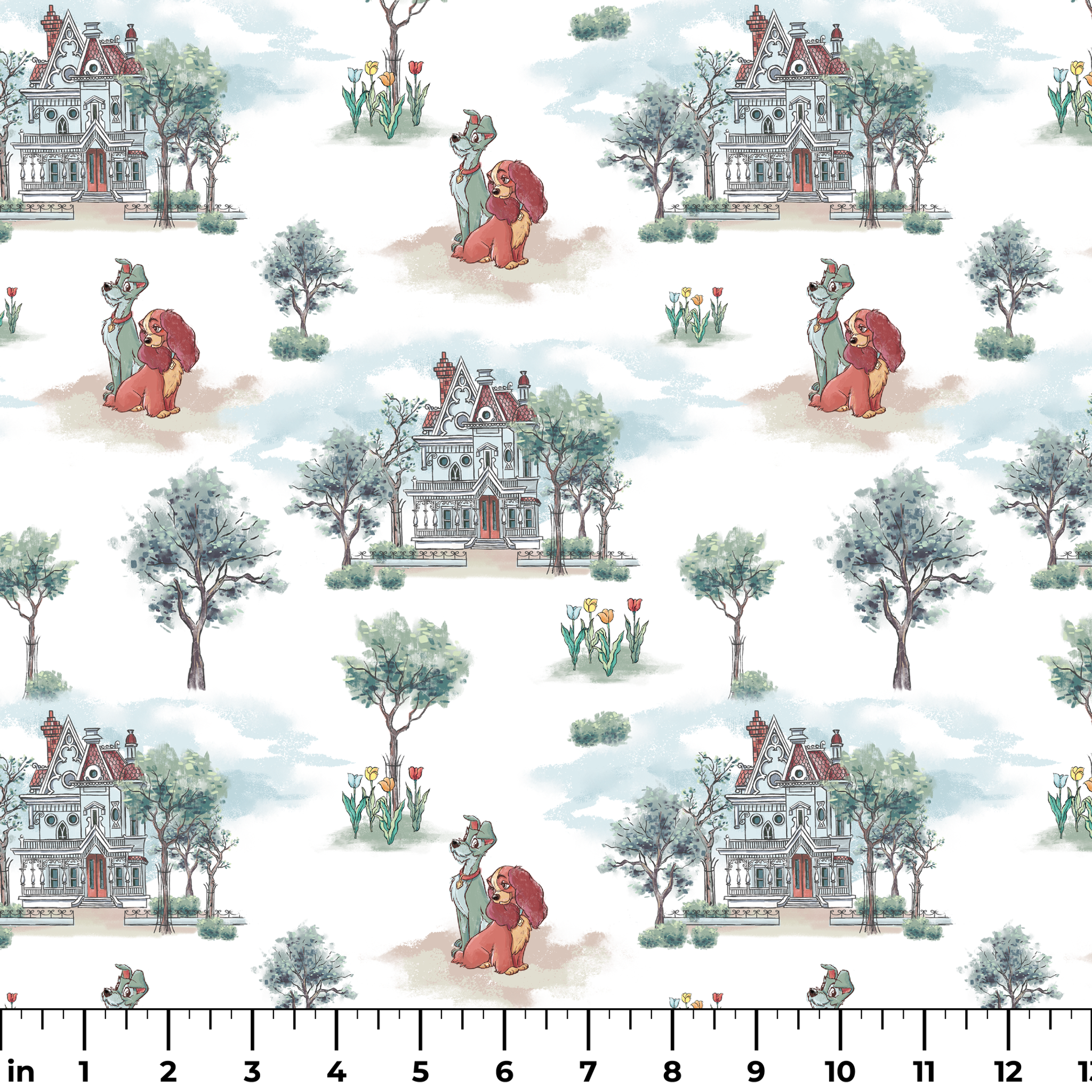 Repeating pattern with Victorian houses, small trees, and cartoon lions with red manes in a soft watercolor style ruler