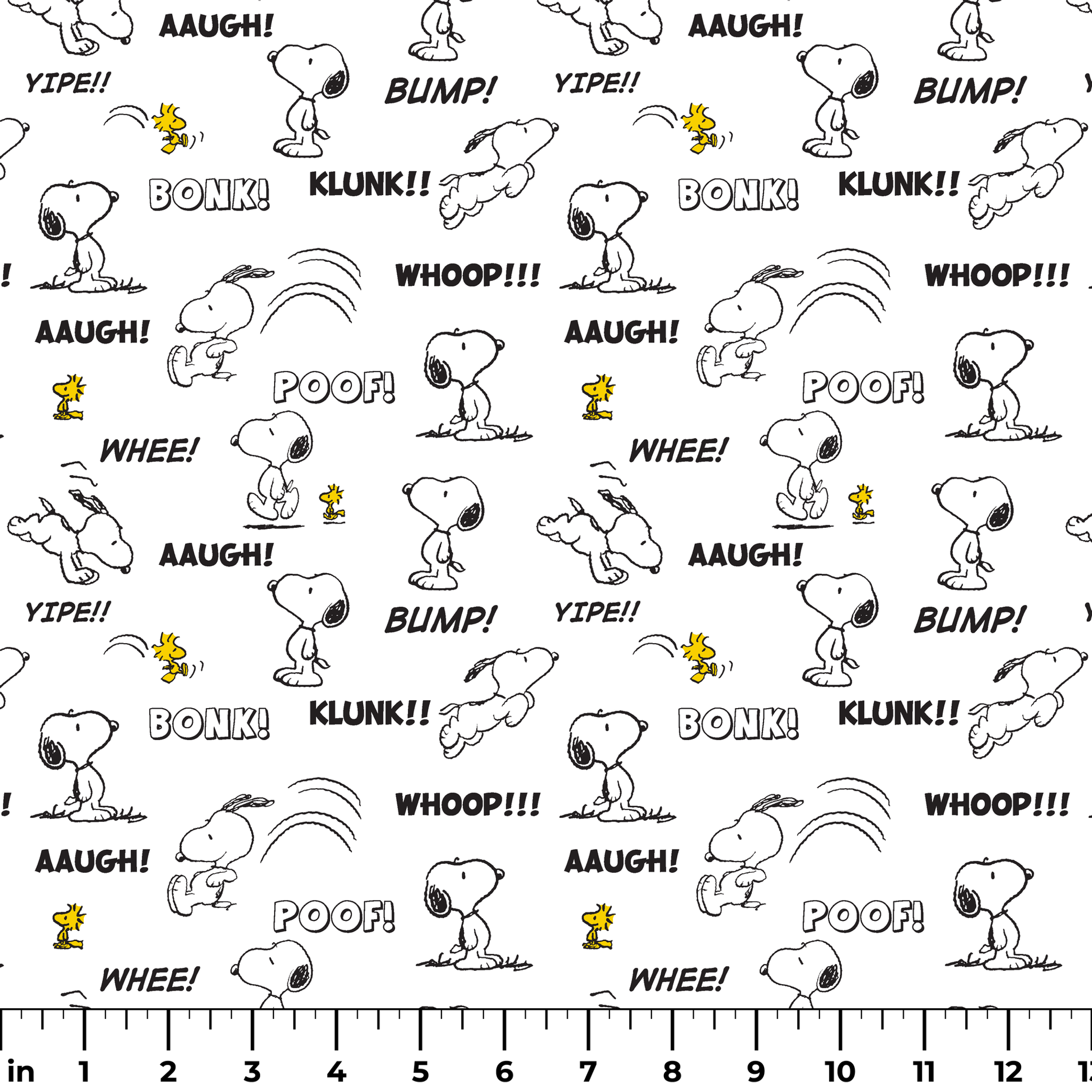 Comic-style pattern of Snoopy and Woodstock with sound effect words like "BONK!", "KLUNK!" and "BUMP!" in black and white. ruler