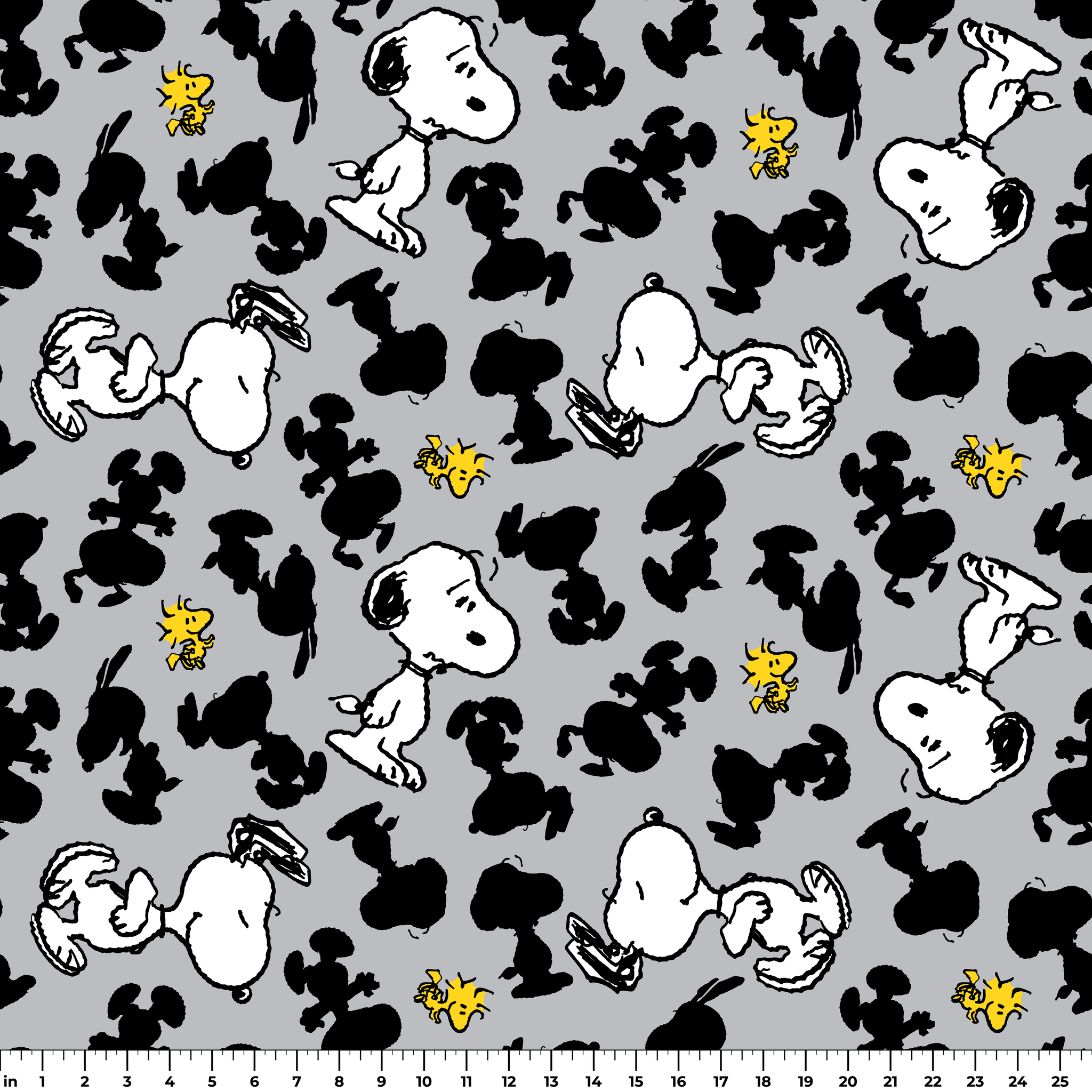 Pattern of Snoopy and Woodstock on gray background with black silhouettes ruler