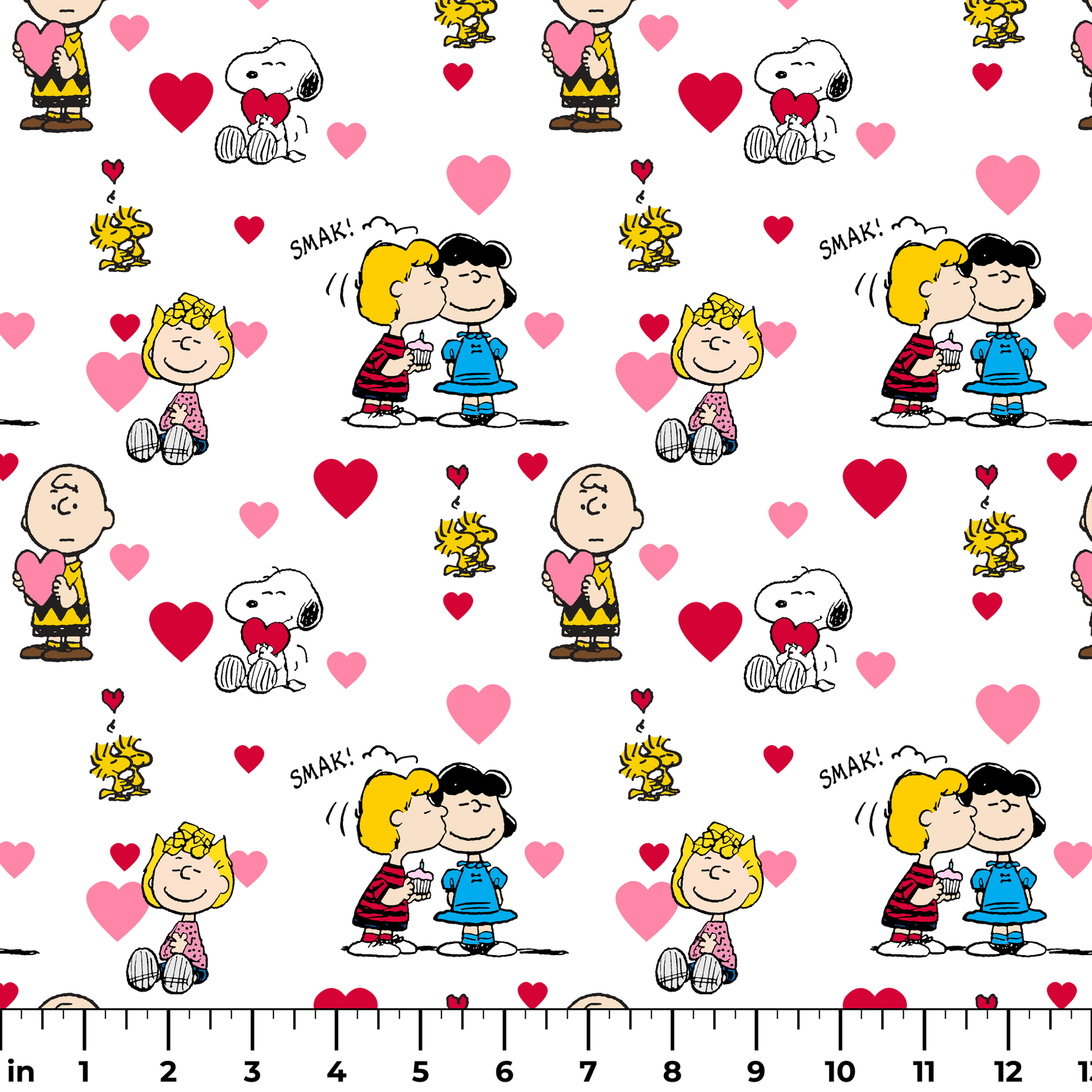 Peanuts cartoon characters with heart motifs, featuring Snoopy, Woodstock, and others in a Valentine's theme ruler
